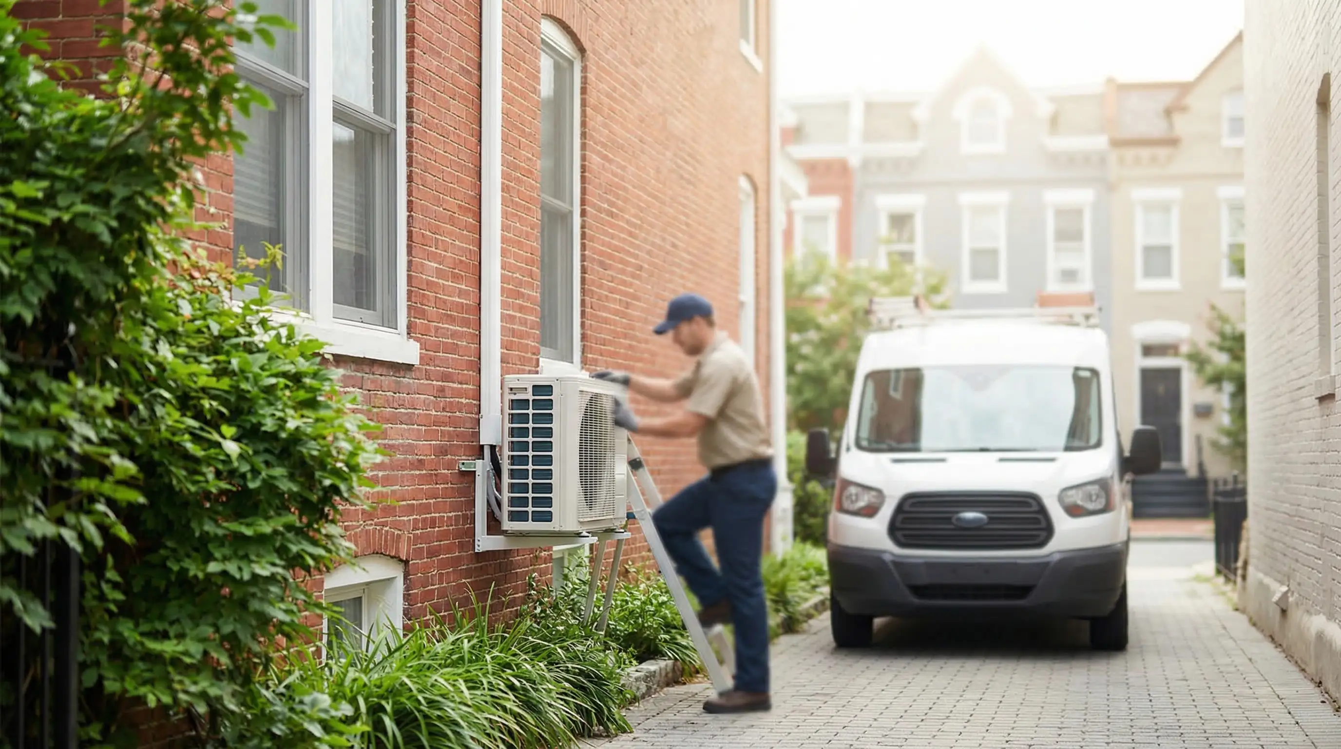 HVAC technician installing ductless mini-split unit on exterior of Capitol Hill brick rowhouse in Washington DC
