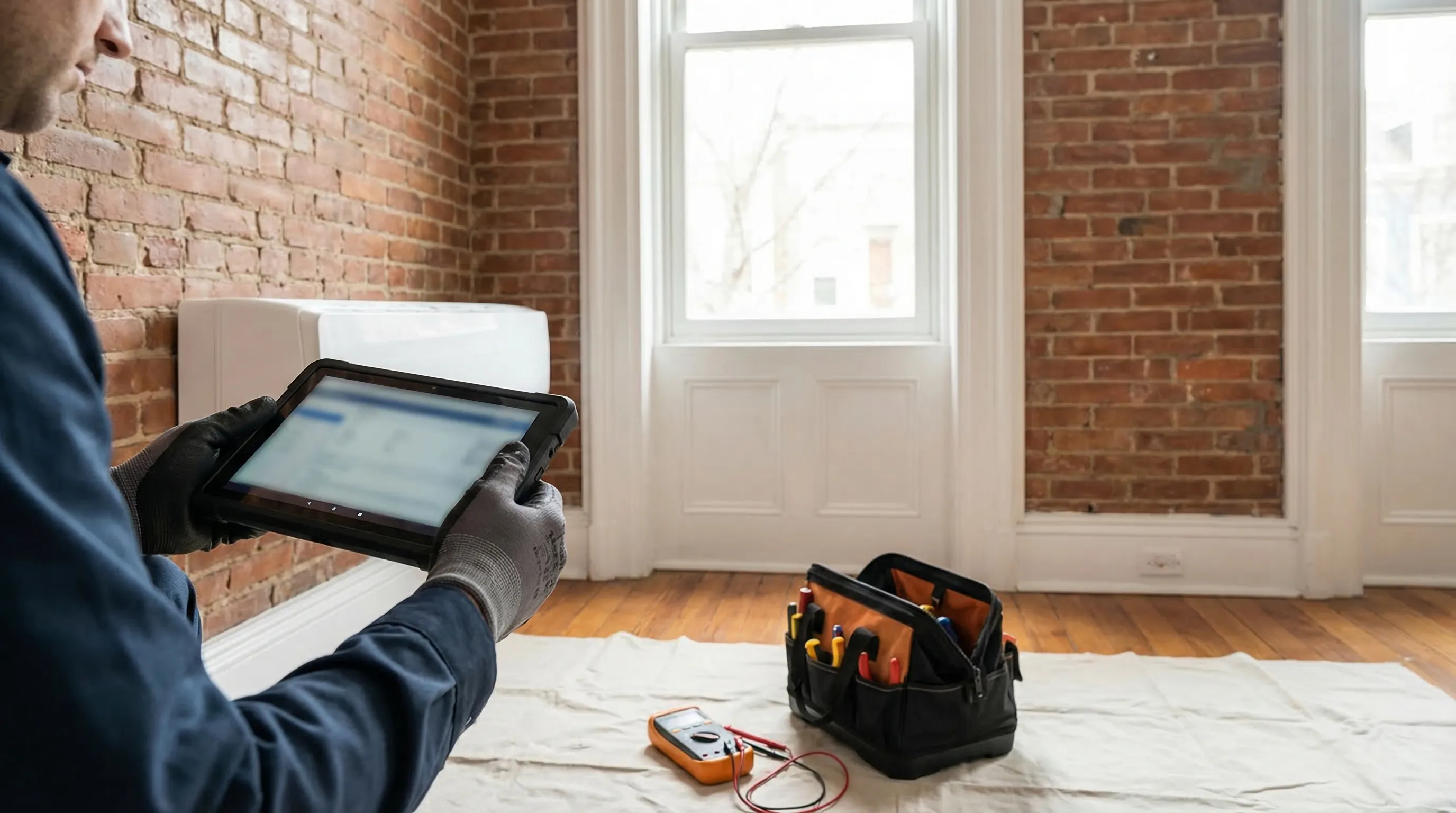 HVAC technician installing ductless mini-split unit on exterior of Capitol Hill brick rowhouse in Washington DC