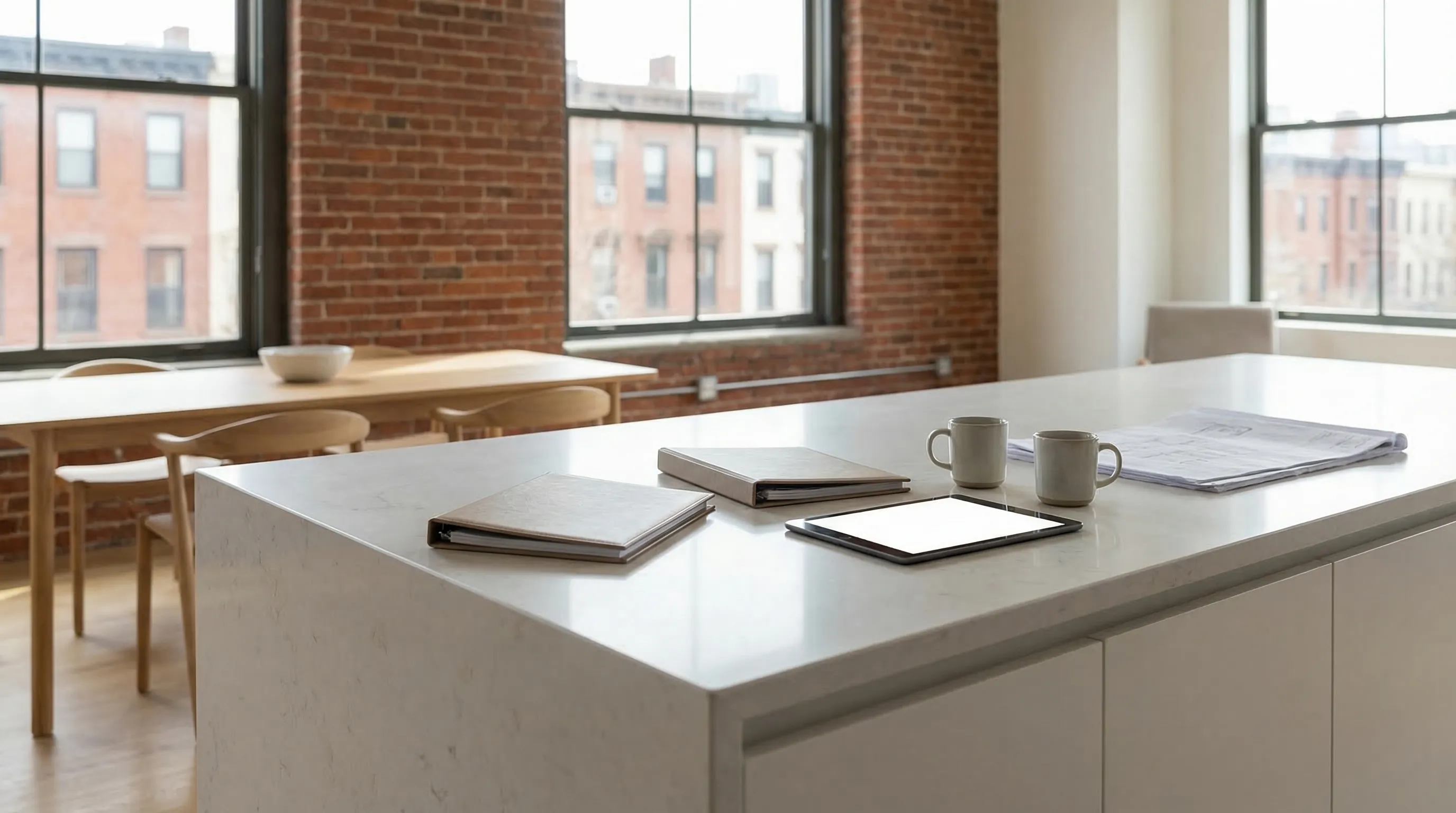 Professional real estate agent showing a Back Bay brownstone to buyers in Boston, MA