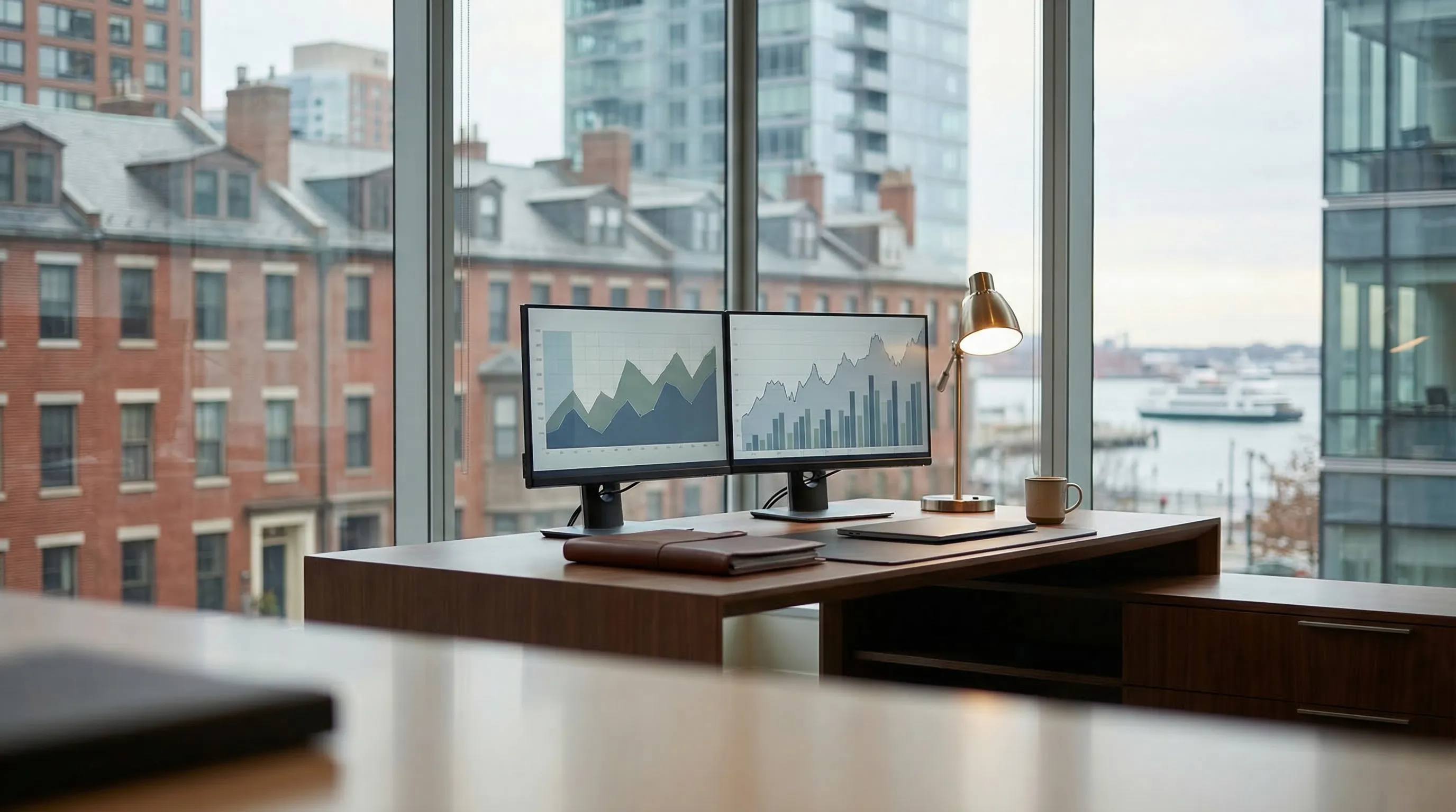 Professional financial advisory office interior in Boston's Financial District, two professionals reviewing portfolio charts at a modern desk with harbor view