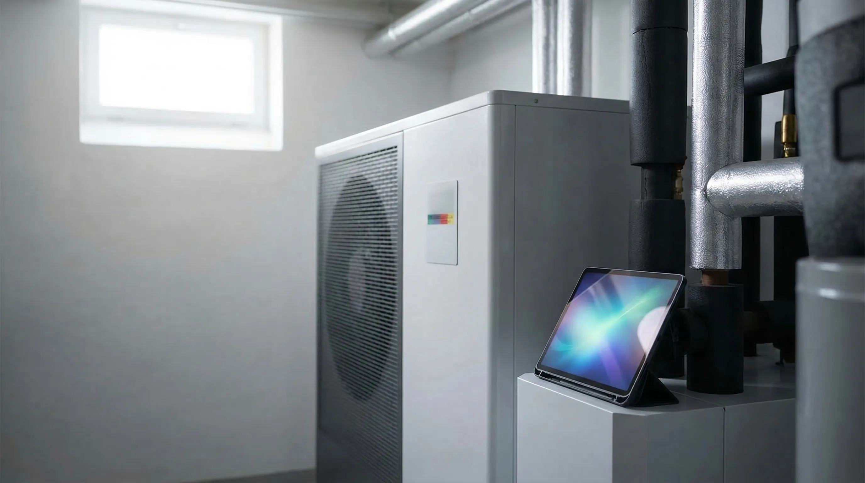 HVAC technician in uniform inspecting modern heat pump installation outside a Boston triple-decker home in autumn, Mass Save certification visible