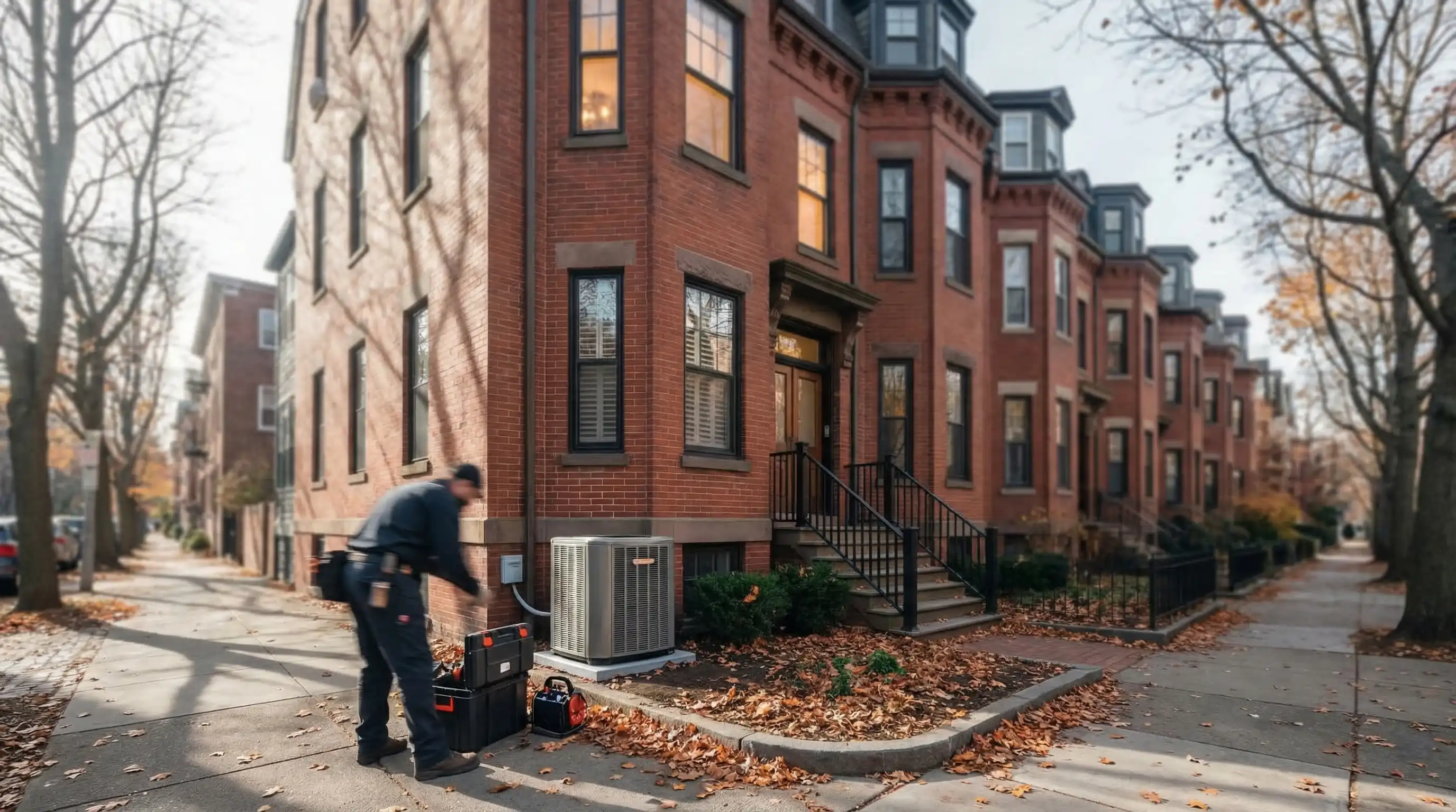 HVAC technician in uniform inspecting modern heat pump installation outside a Boston triple-decker home in autumn, Mass Save certification visible