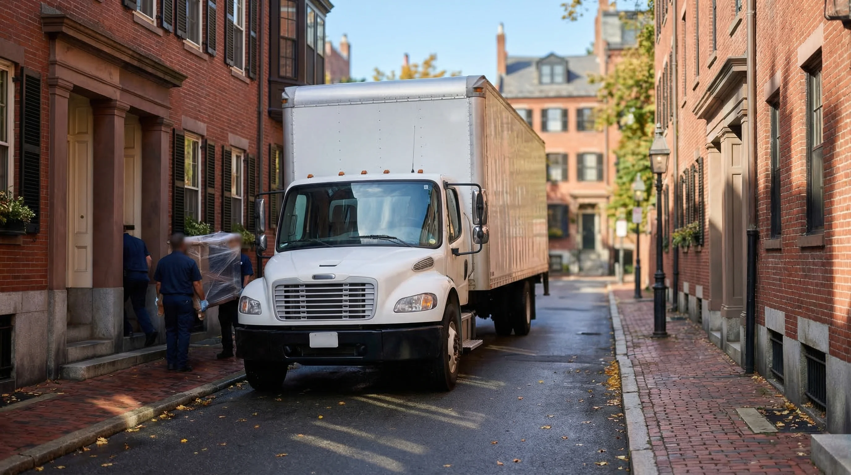Moving crew in branded uniforms unloading furniture from a truck on a narrow brick-paved Beacon Hill street on a sunny September morning in Boston