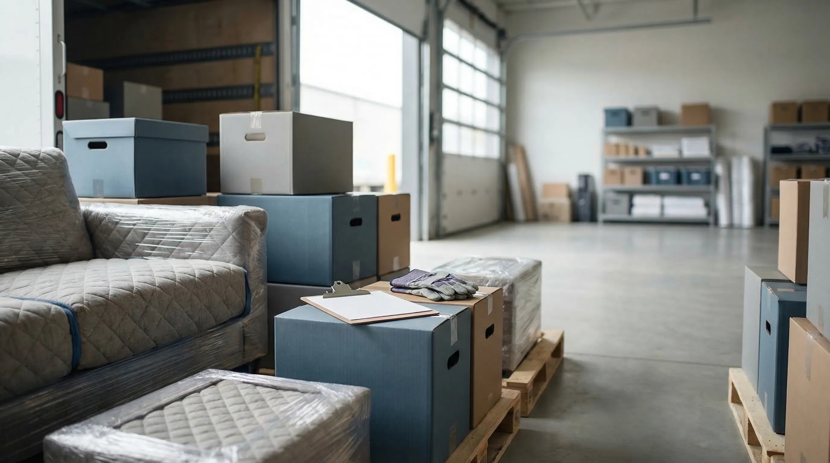 Moving crew in branded uniforms unloading furniture from a truck on a narrow brick-paved Beacon Hill street on a sunny September morning in Boston