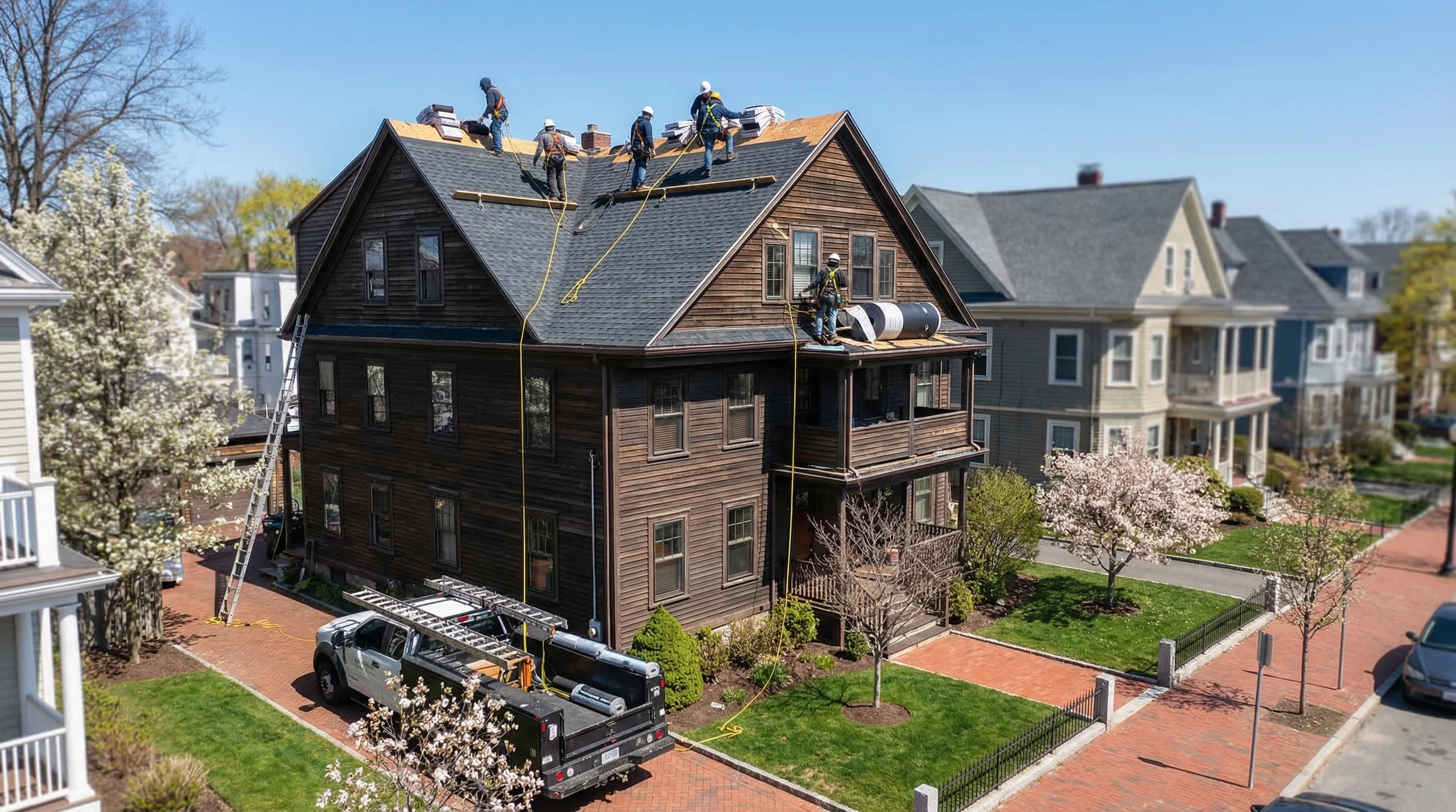 Roofing crew installing new shingles on a classic Boston triple-decker home on a bright spring day, branded truck visible on brick-paved street below