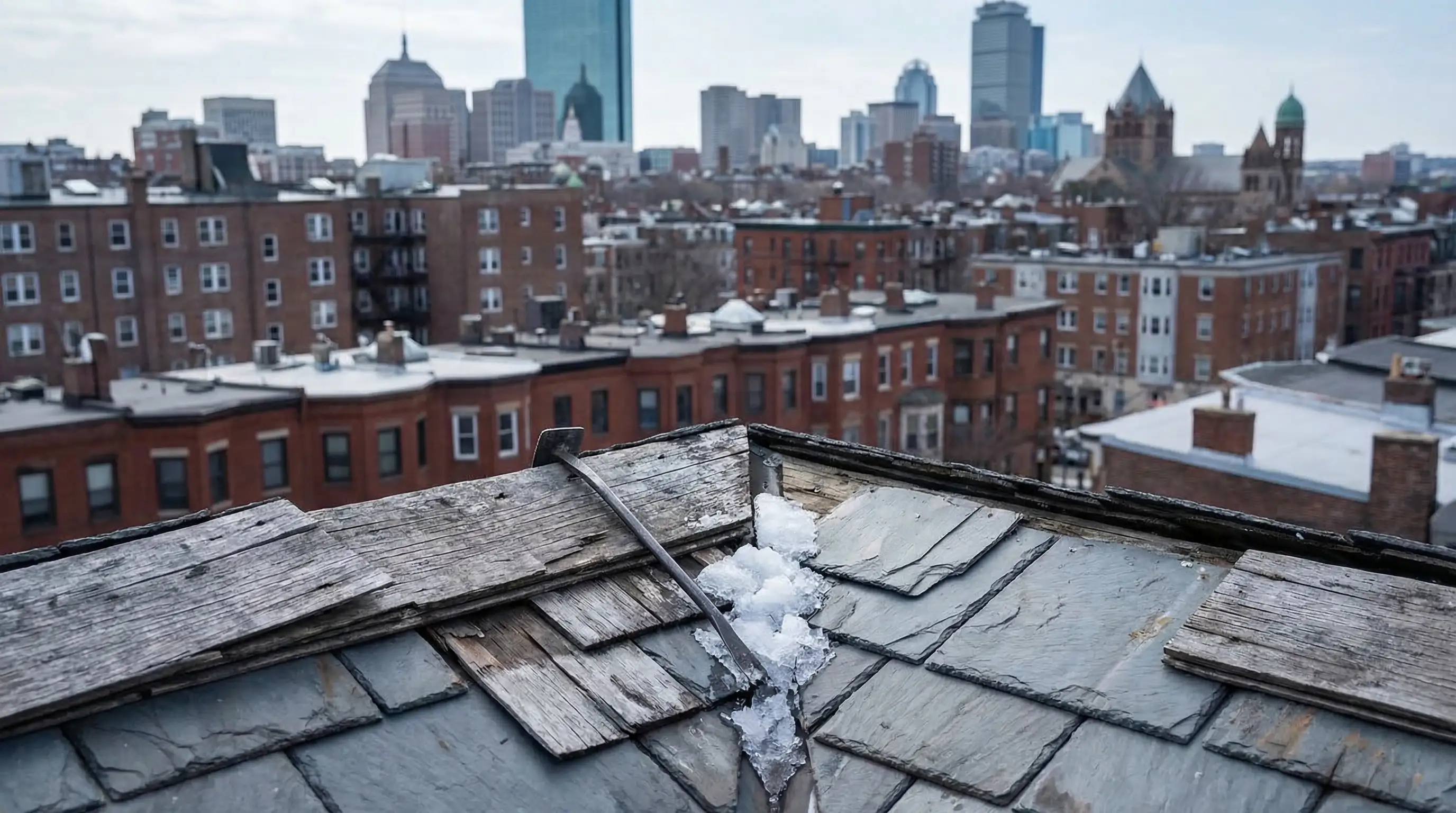 Roofing crew installing new shingles on a classic Boston triple-decker home on a bright spring day, branded truck visible on brick-paved street below