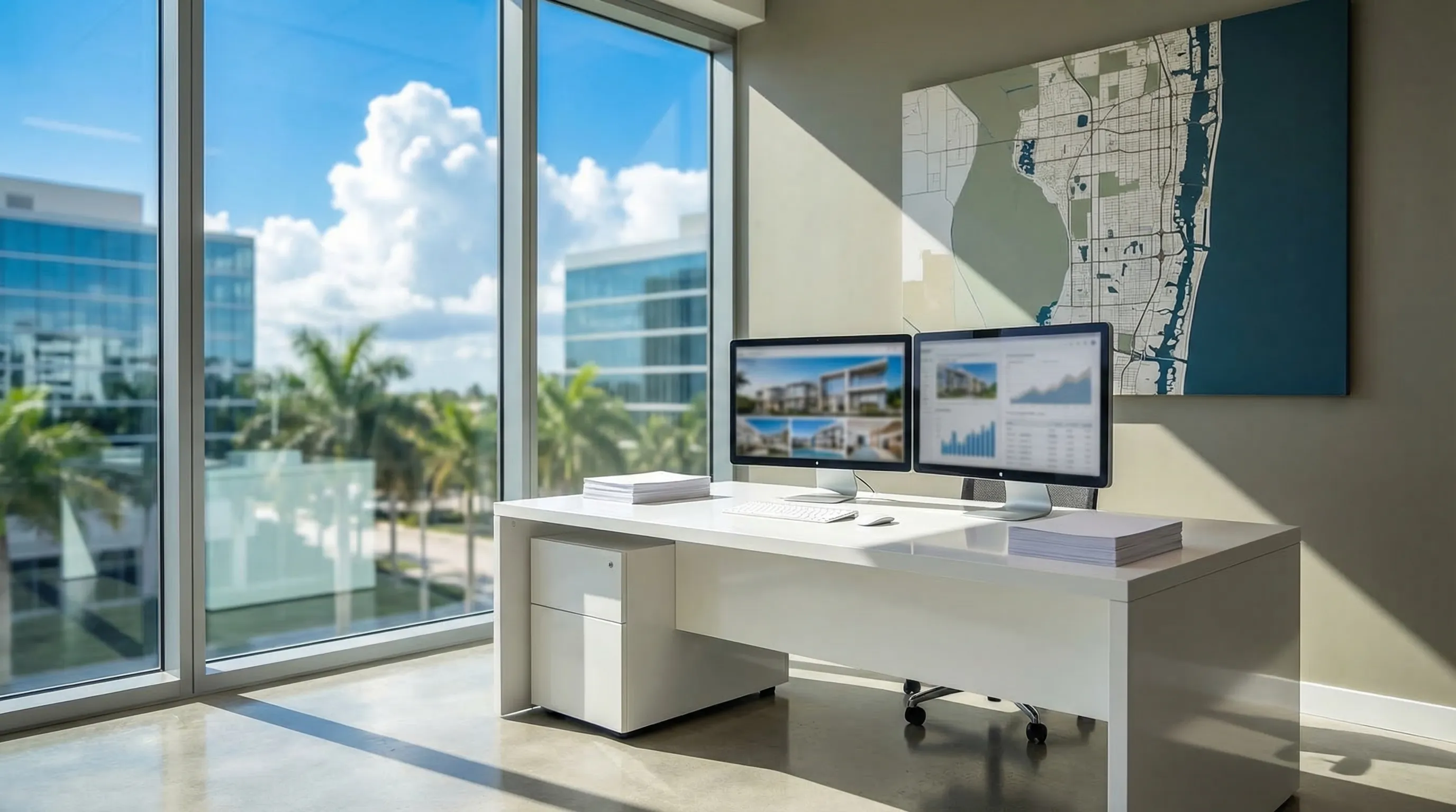 Professional real estate agent workspace with Palm Beach County market data in West Palm Beach, FL