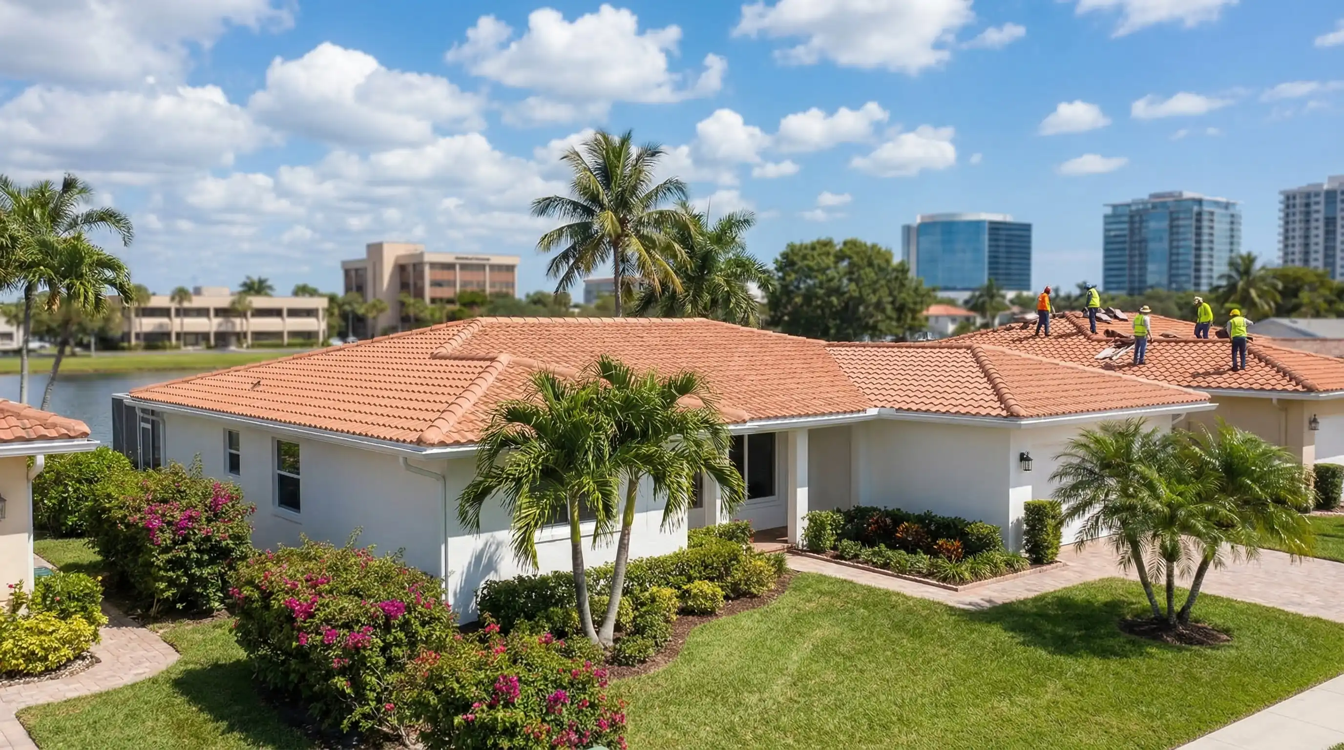Roofing contractor inspecting a residential tile roof in West Palm Beach, FL