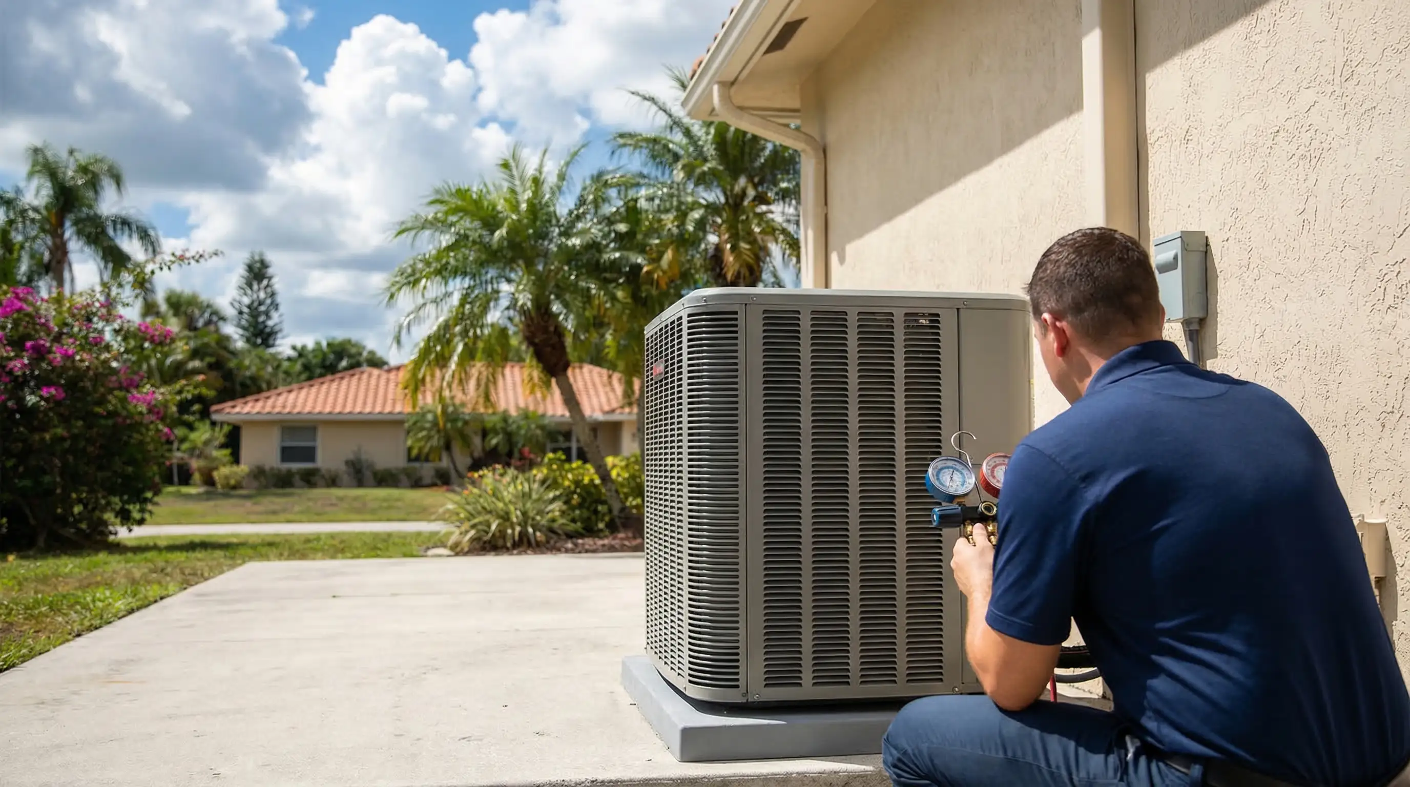 HVAC technician servicing an AC unit outside a home in West Palm Beach, FL