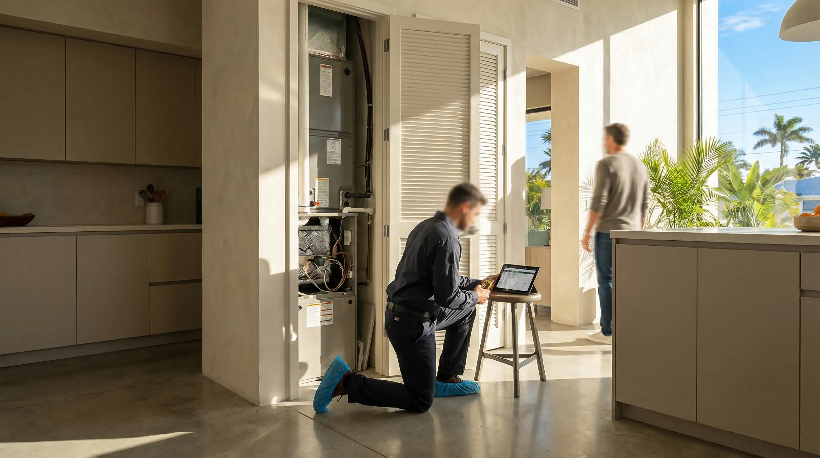 HVAC technician servicing an AC unit outside a home in West Palm Beach, FL