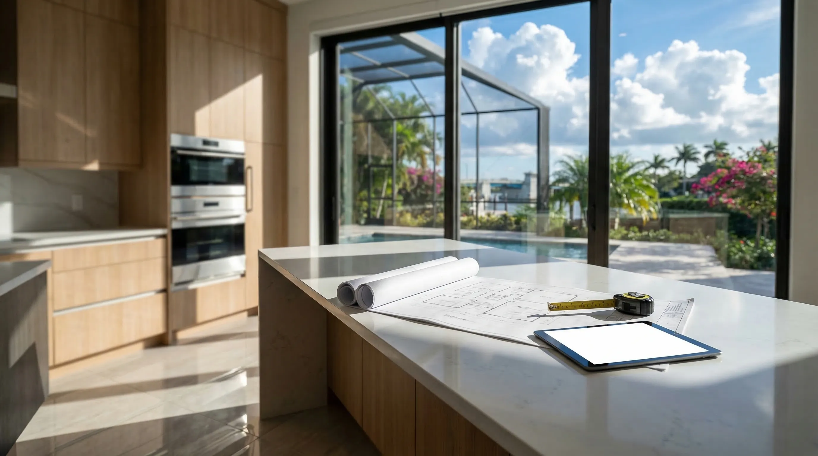 Construction contractor reviewing renovation plans at a West Palm Beach home project site, FL