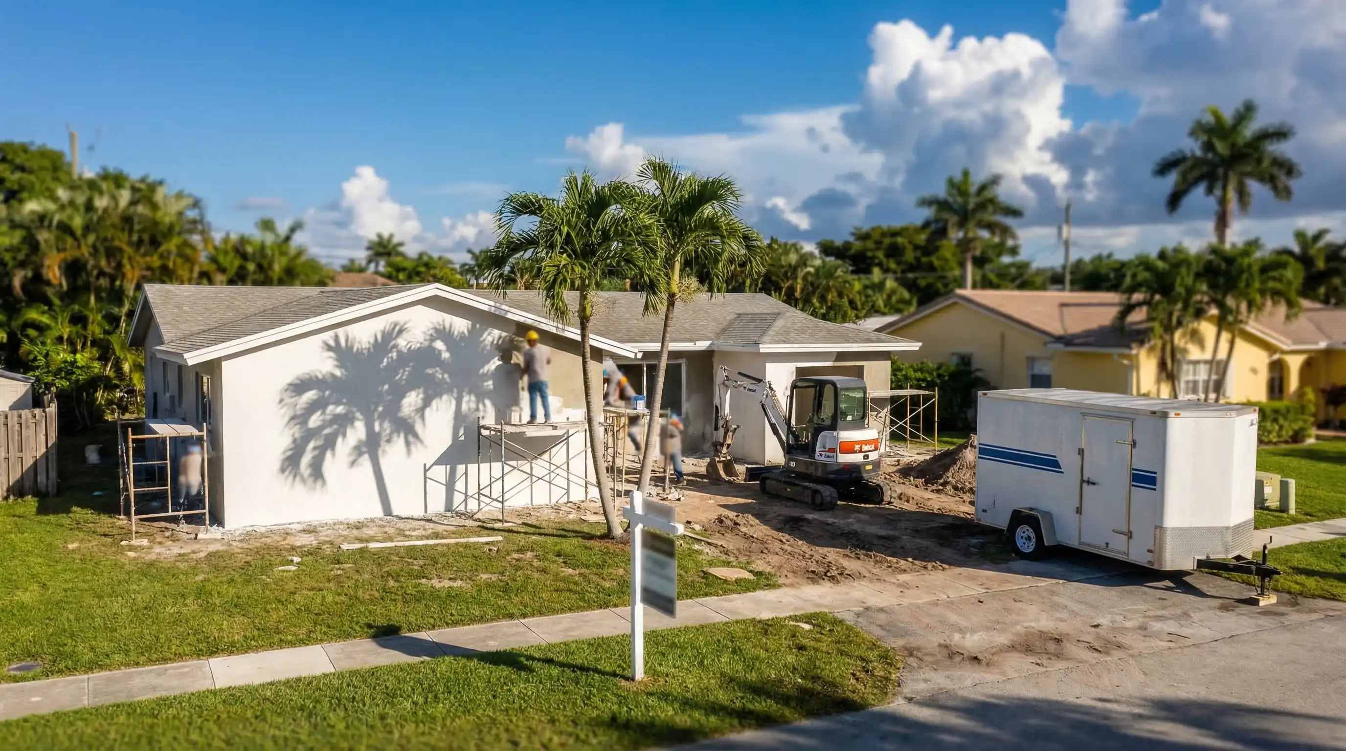 Construction contractor reviewing renovation plans at a West Palm Beach home project site, FL