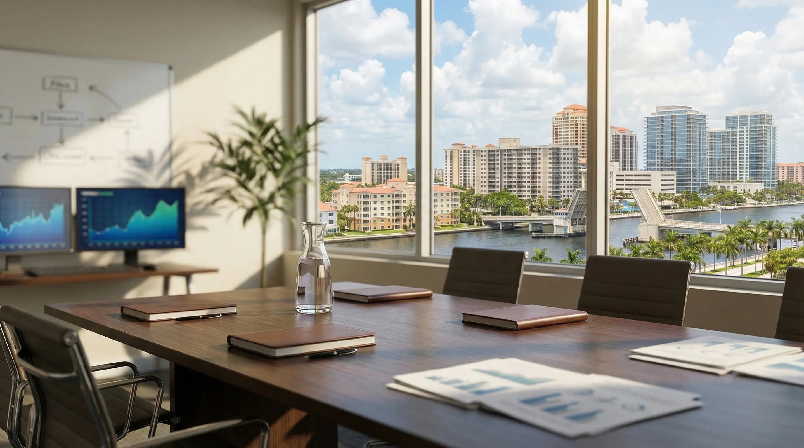 Financial advisor consulting with a client couple at a professional office in West Palm Beach, FL