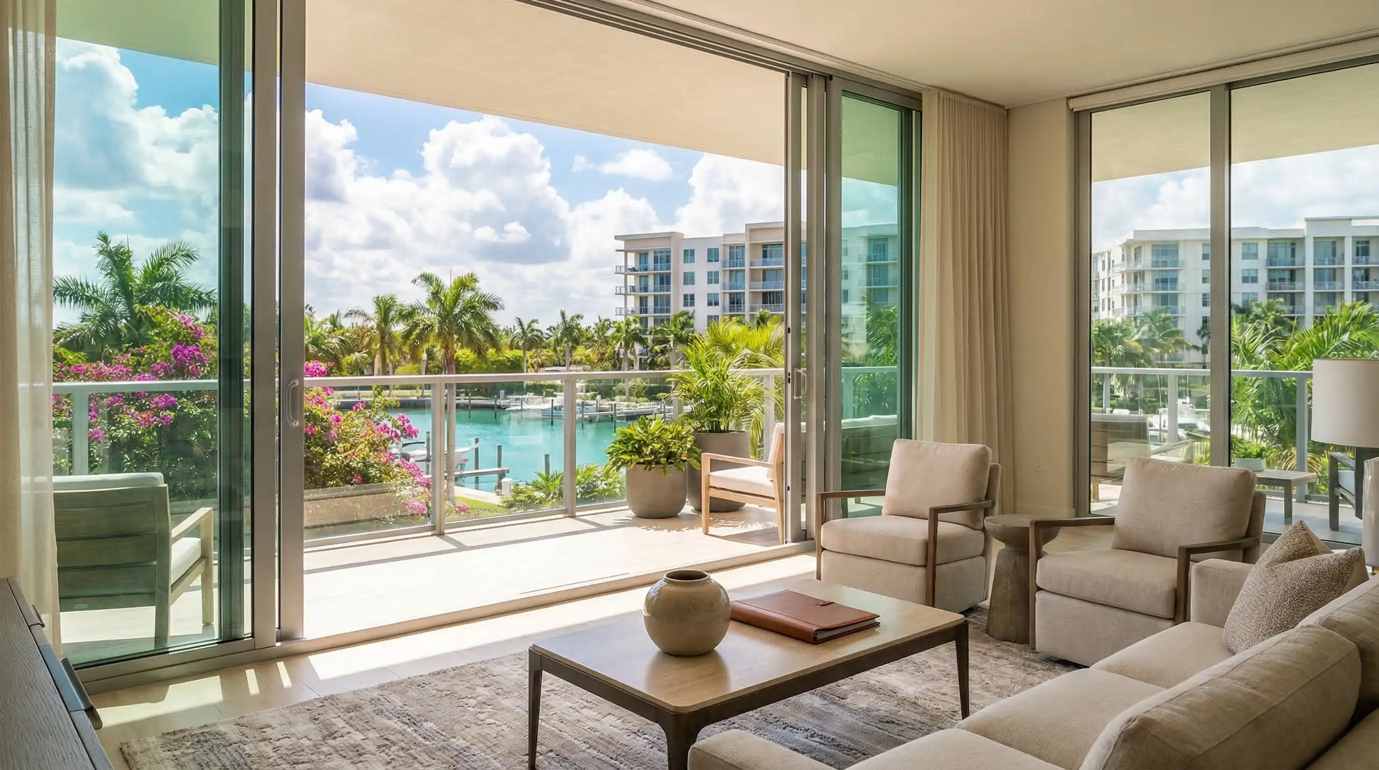 Professional real estate agent showing a waterfront property to clients in Fort Lauderdale, FL