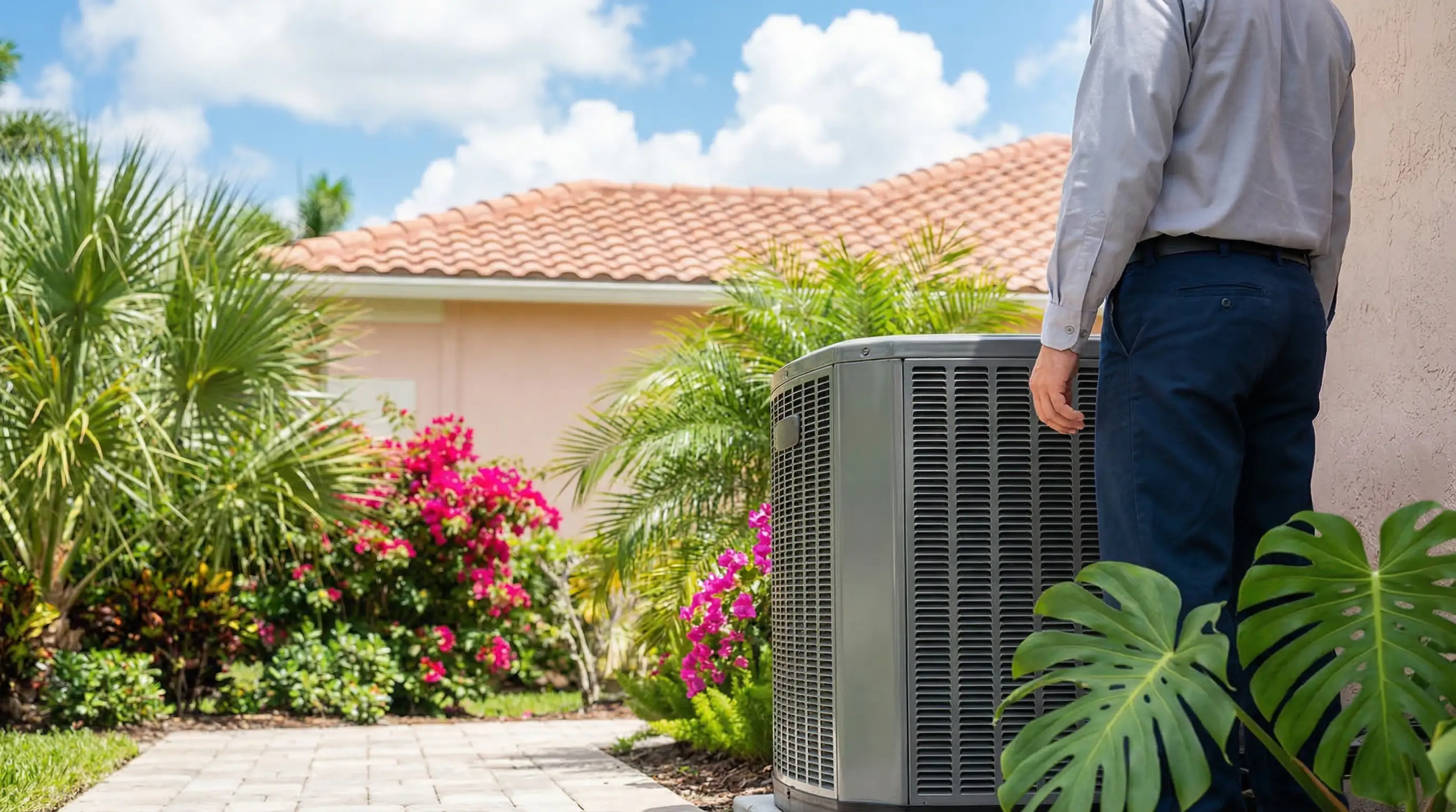 Professional HVAC technician servicing a residential AC unit in a Fort Lauderdale, FL backyard