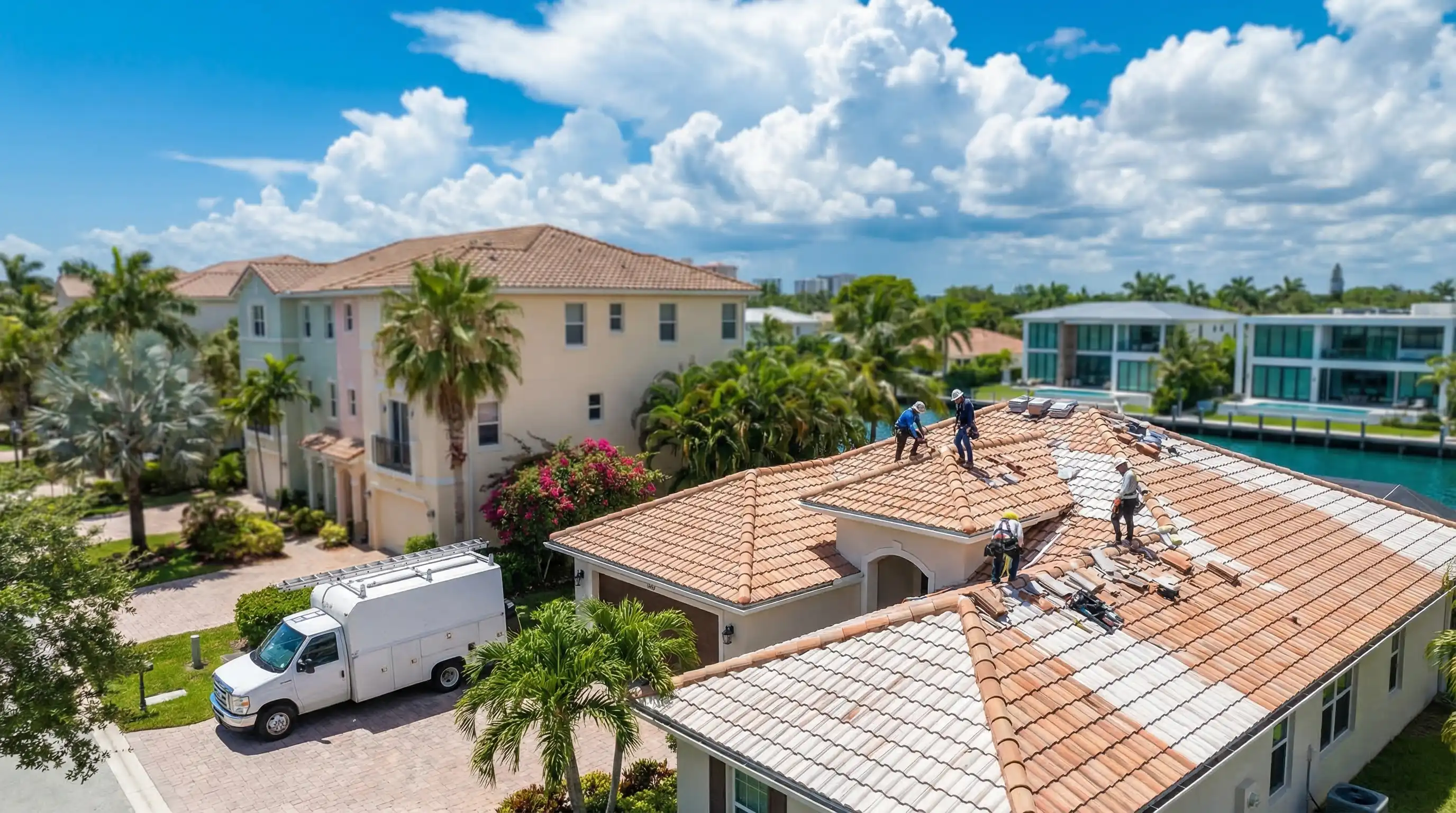 Professional roofing contractor inspecting a tile roof on a residential home in Fort Lauderdale, FL