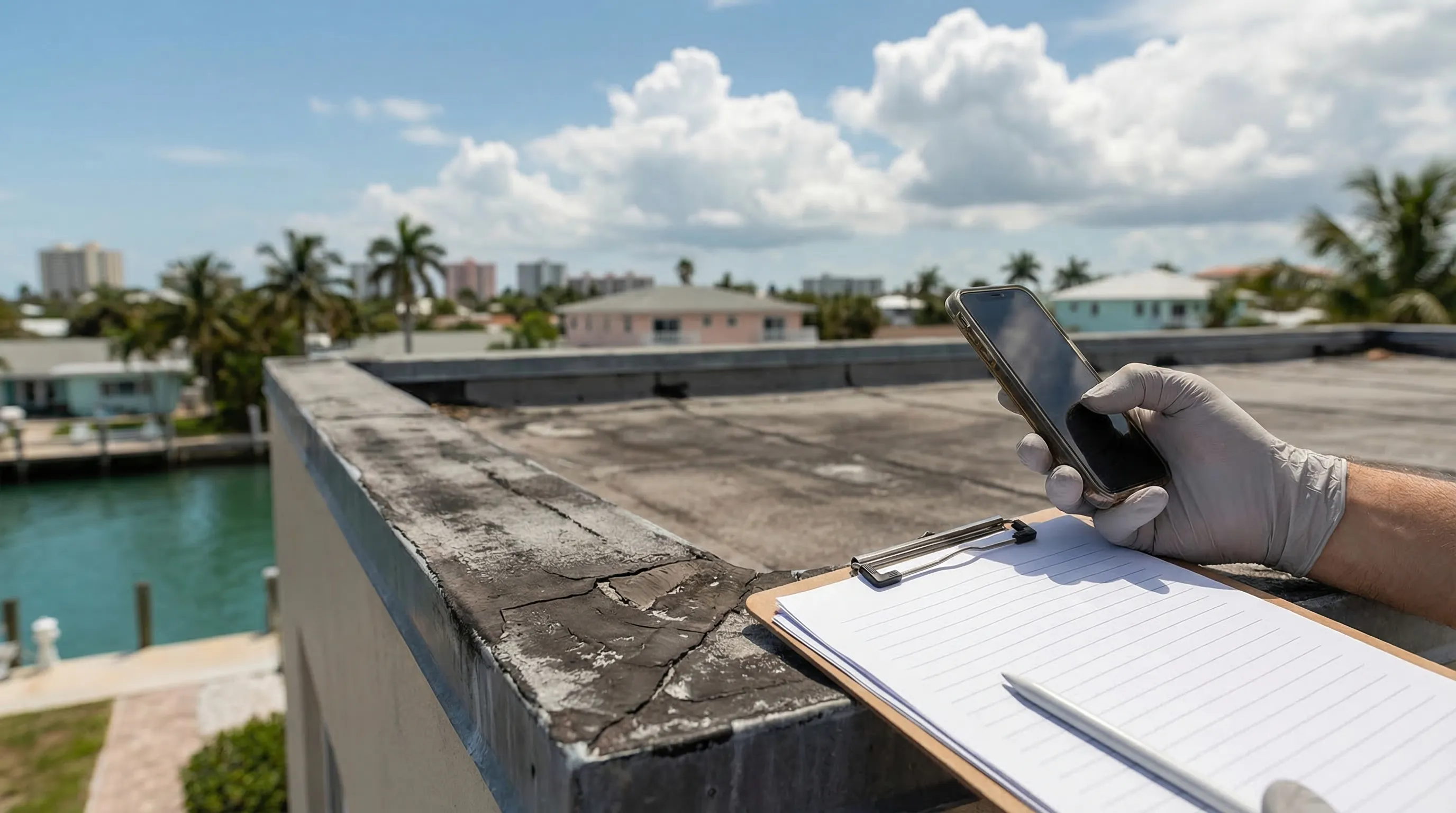 Professional roofing contractor inspecting a tile roof on a residential home in Fort Lauderdale, FL