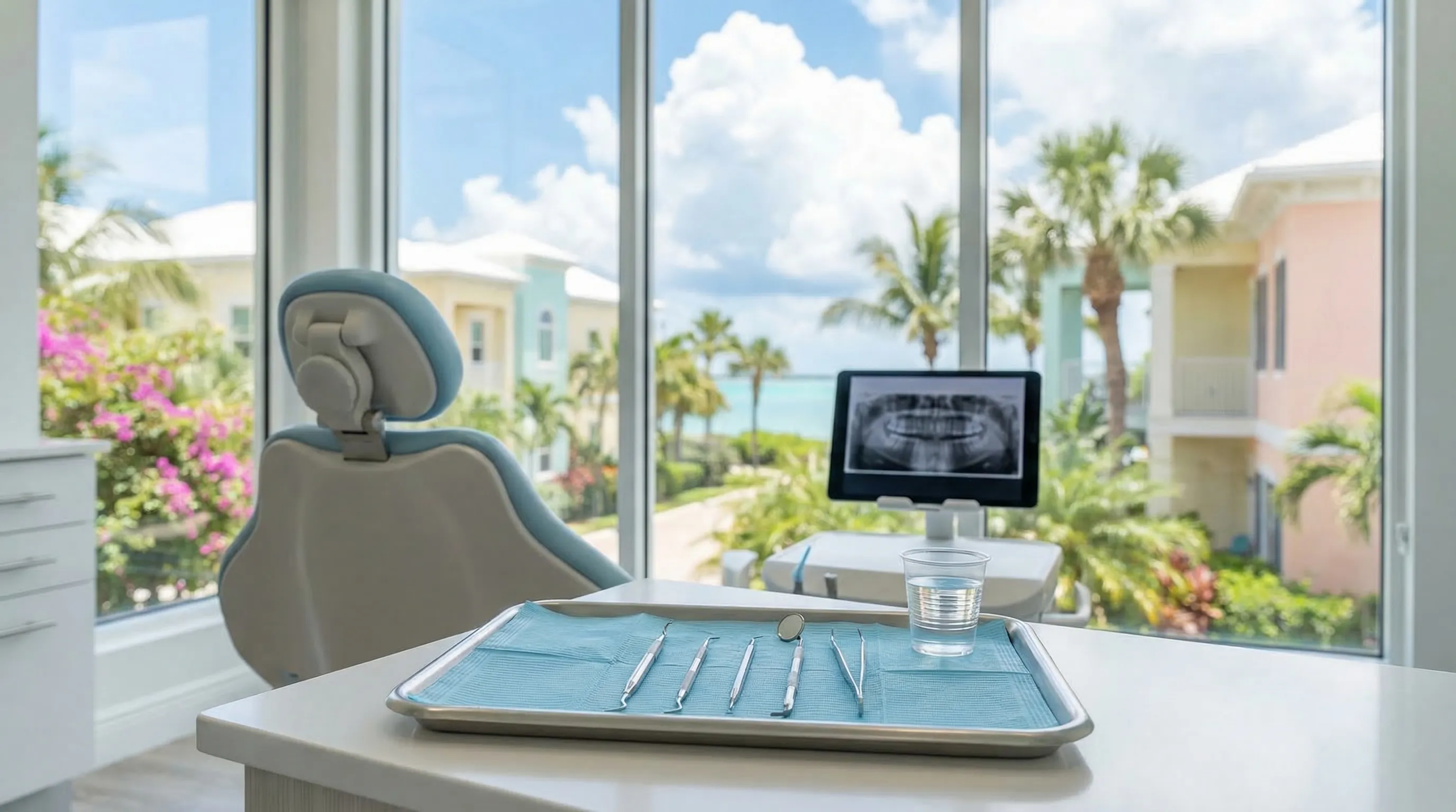 Professional dental office reception area in Fort Lauderdale, FL with modern tropical design