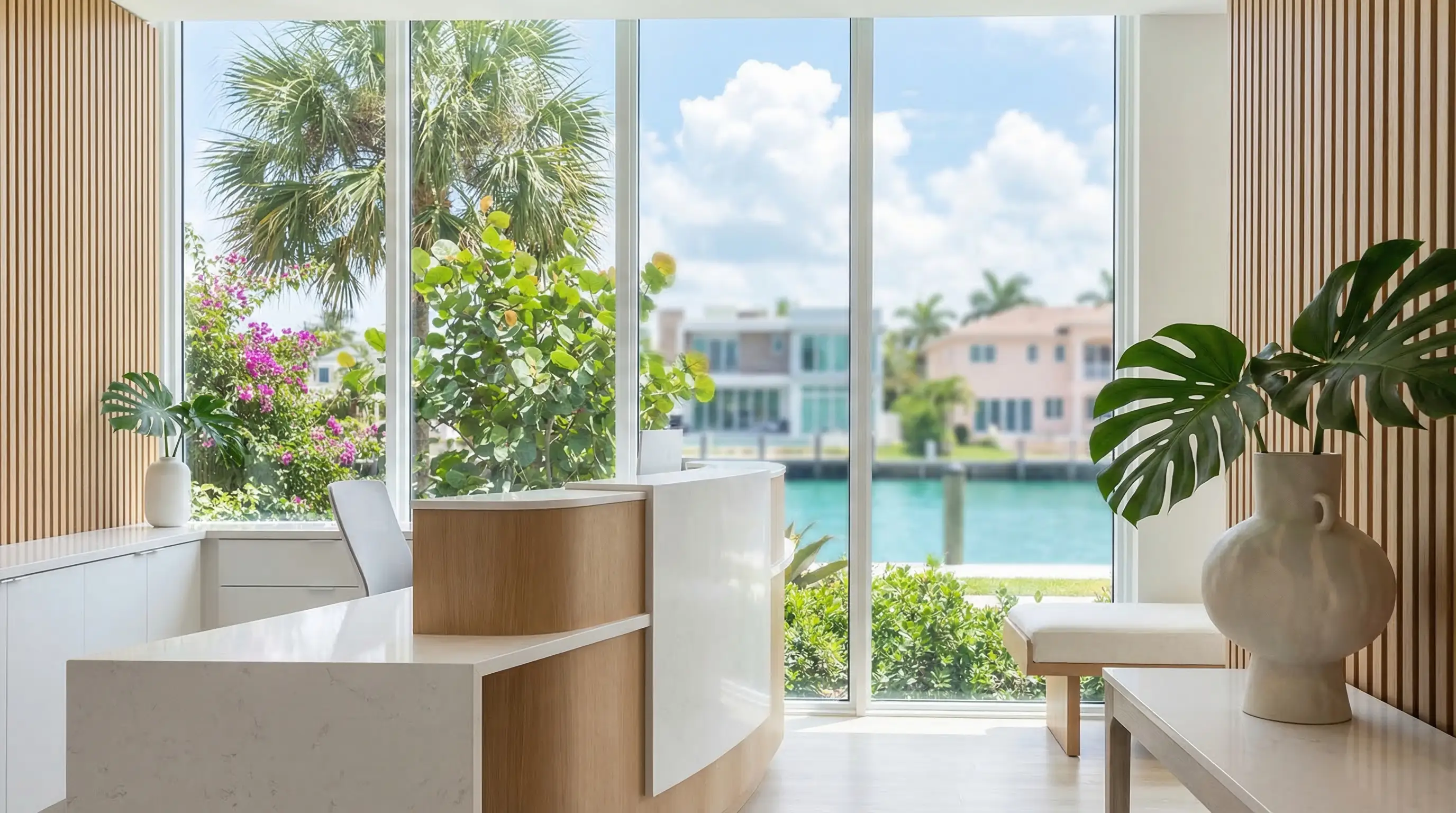 Professional dental office reception area in Fort Lauderdale, FL with modern tropical design