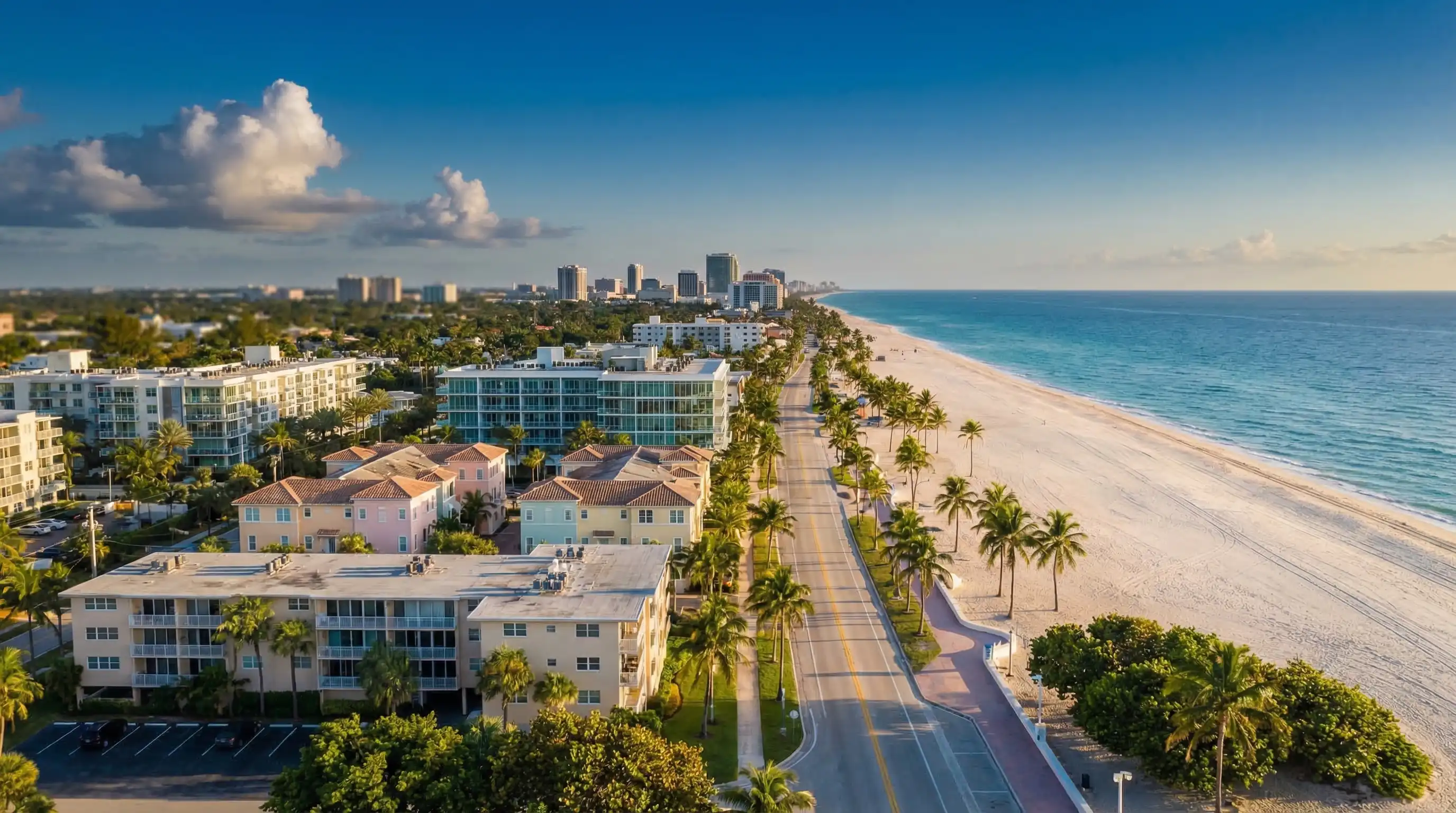 Aerial view of Fort Lauderdale Beach at golden hour with Atlantic Ocean, A1A promenade, and city skyline