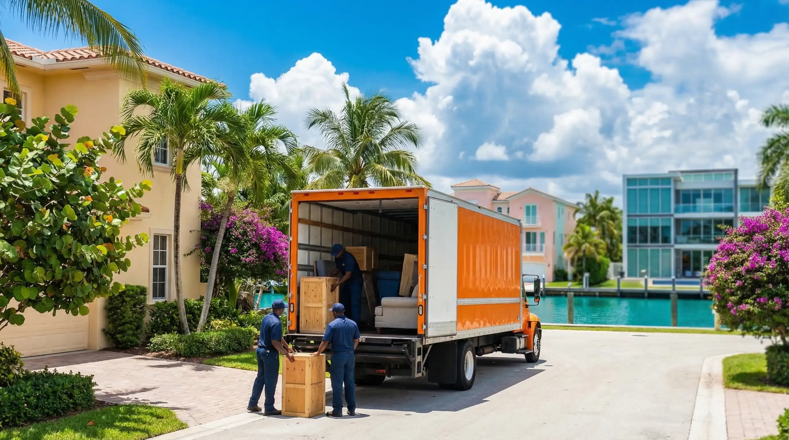 Professional moving crew loading furniture into branded truck in Fort Lauderdale neighborhood with palm trees and clear sky