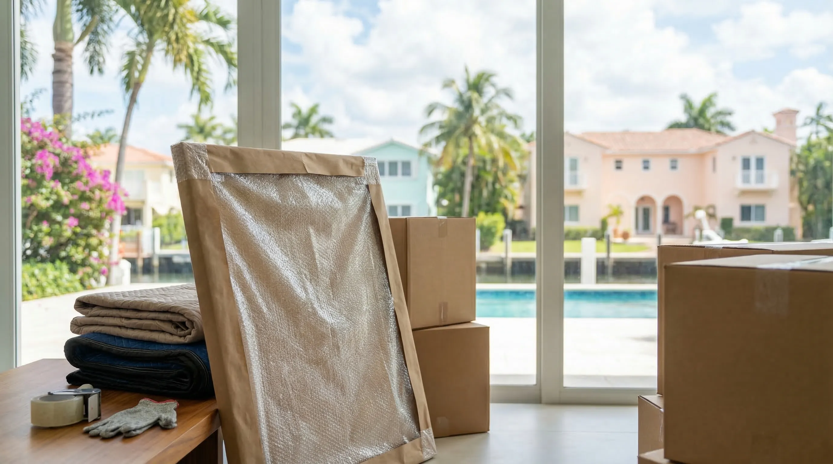Professional moving crew loading furniture into branded truck in Fort Lauderdale neighborhood with palm trees and clear sky