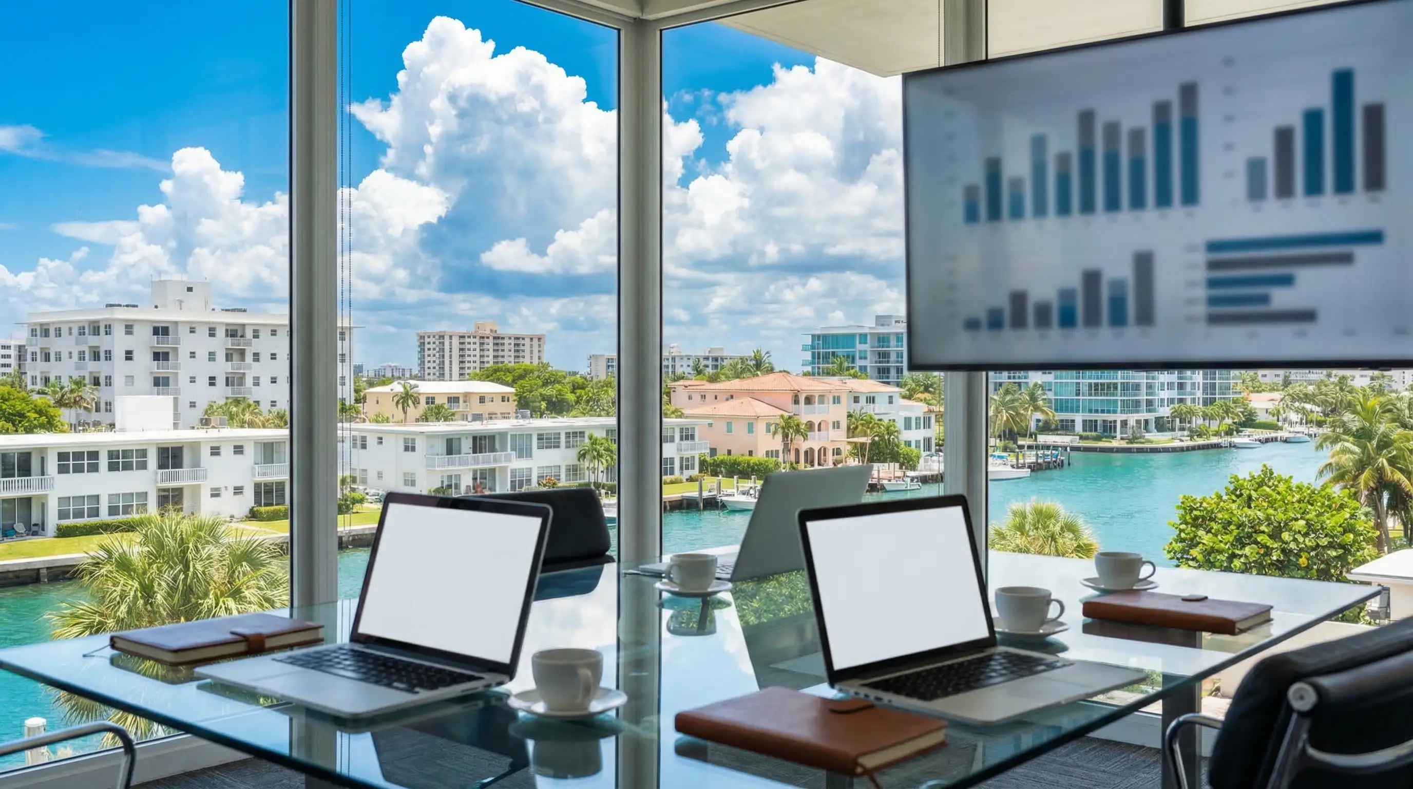Financial advisor seated across from clients at glass conference table in modern Fort Lauderdale office with waterfront view