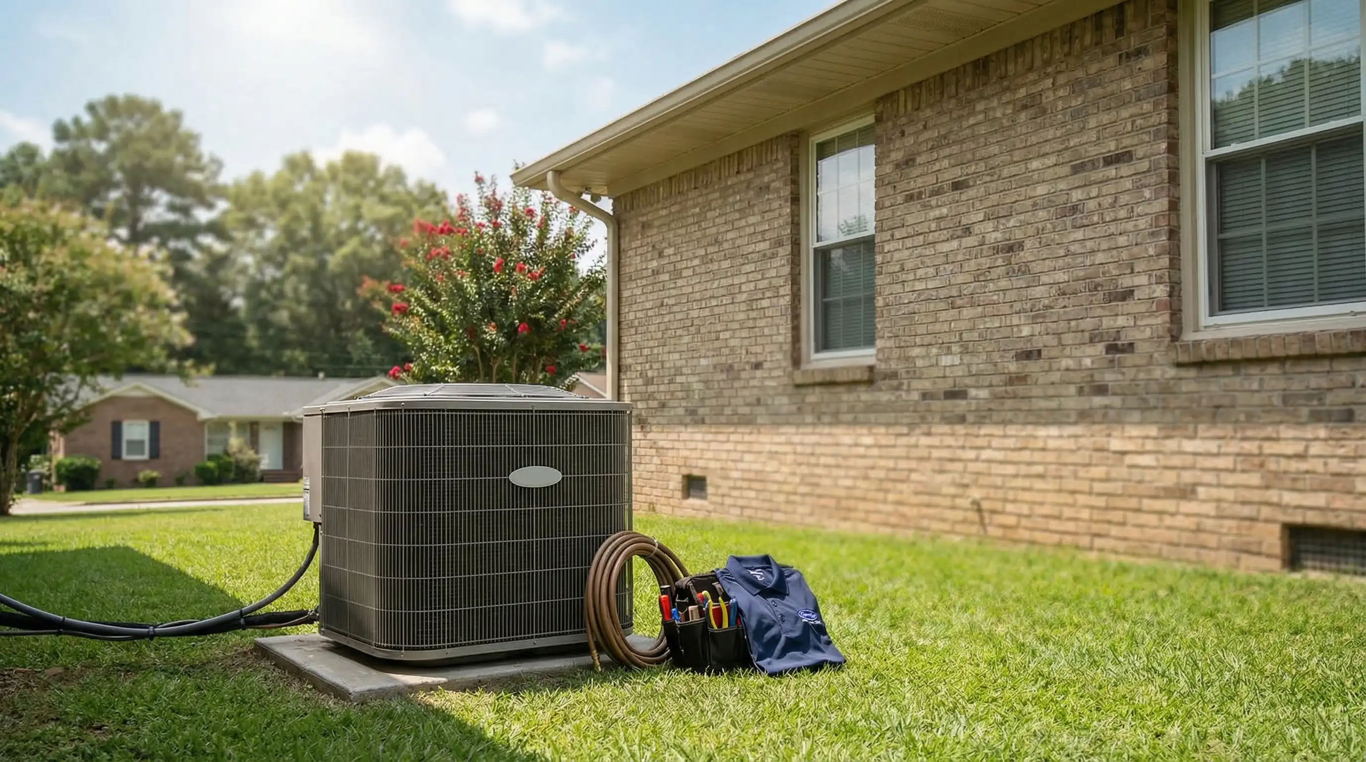 Professional HVAC technician servicing a residential air conditioning unit in a Columbia County, Augusta, GA neighborhood