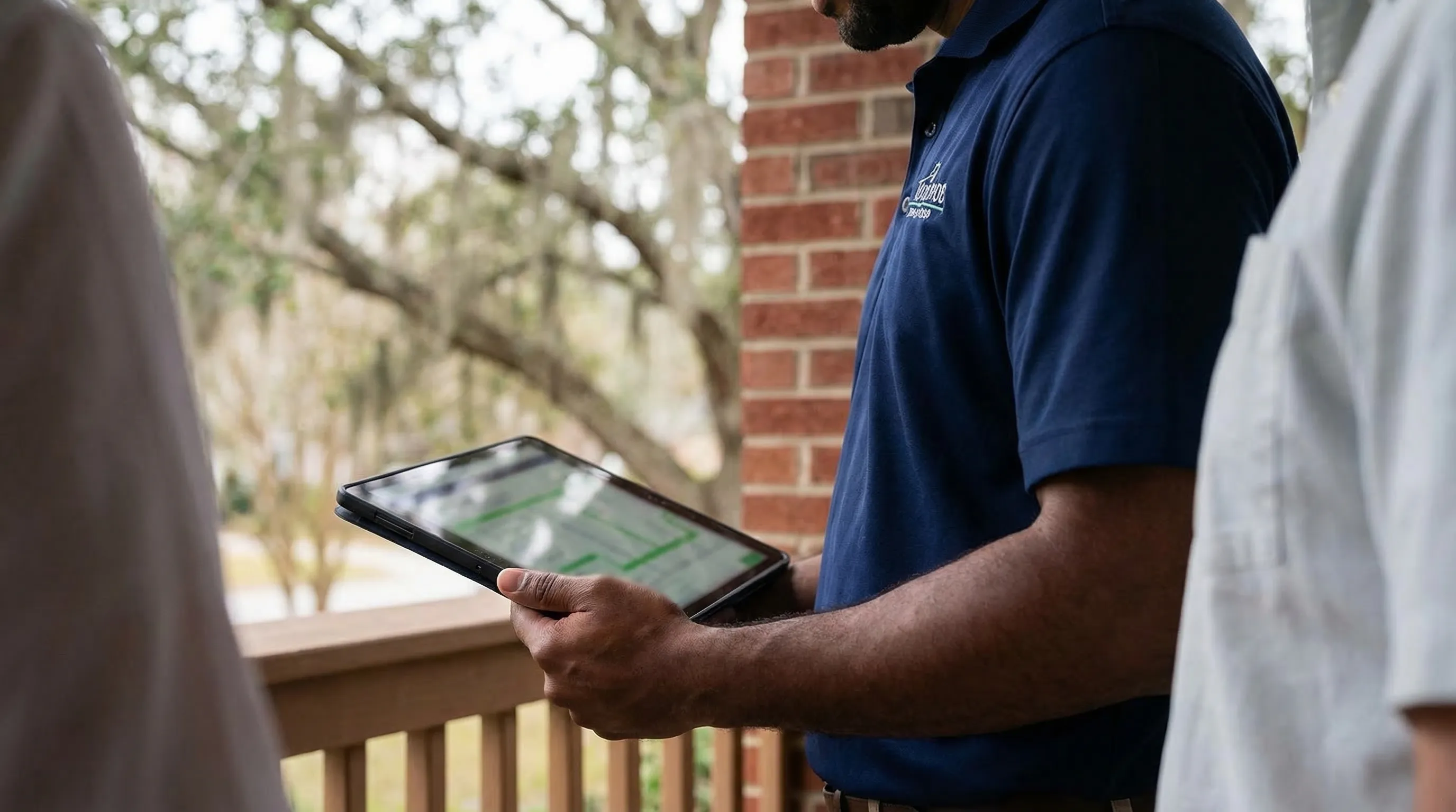 Professional roofing contractor reviewing storm damage assessment with homeowner on a brick Colonial home in Columbia County, Augusta, GA