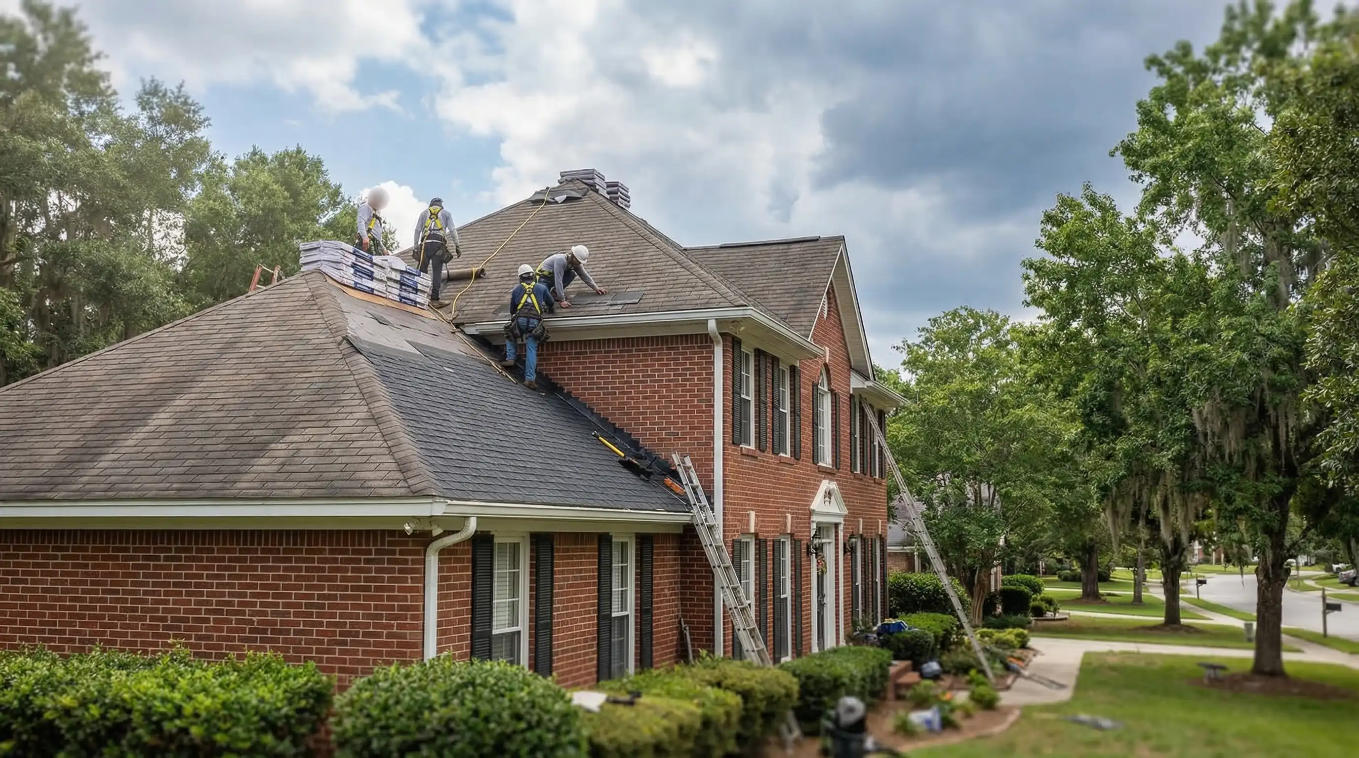 Professional roofing contractor reviewing storm damage assessment with homeowner on a brick Colonial home in Columbia County, Augusta, GA