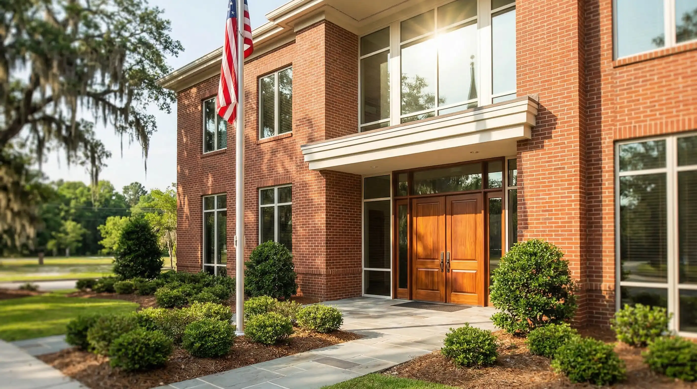 Professional attorney consulting with a military couple at a law office in Augusta, GA, reviewing legal documents