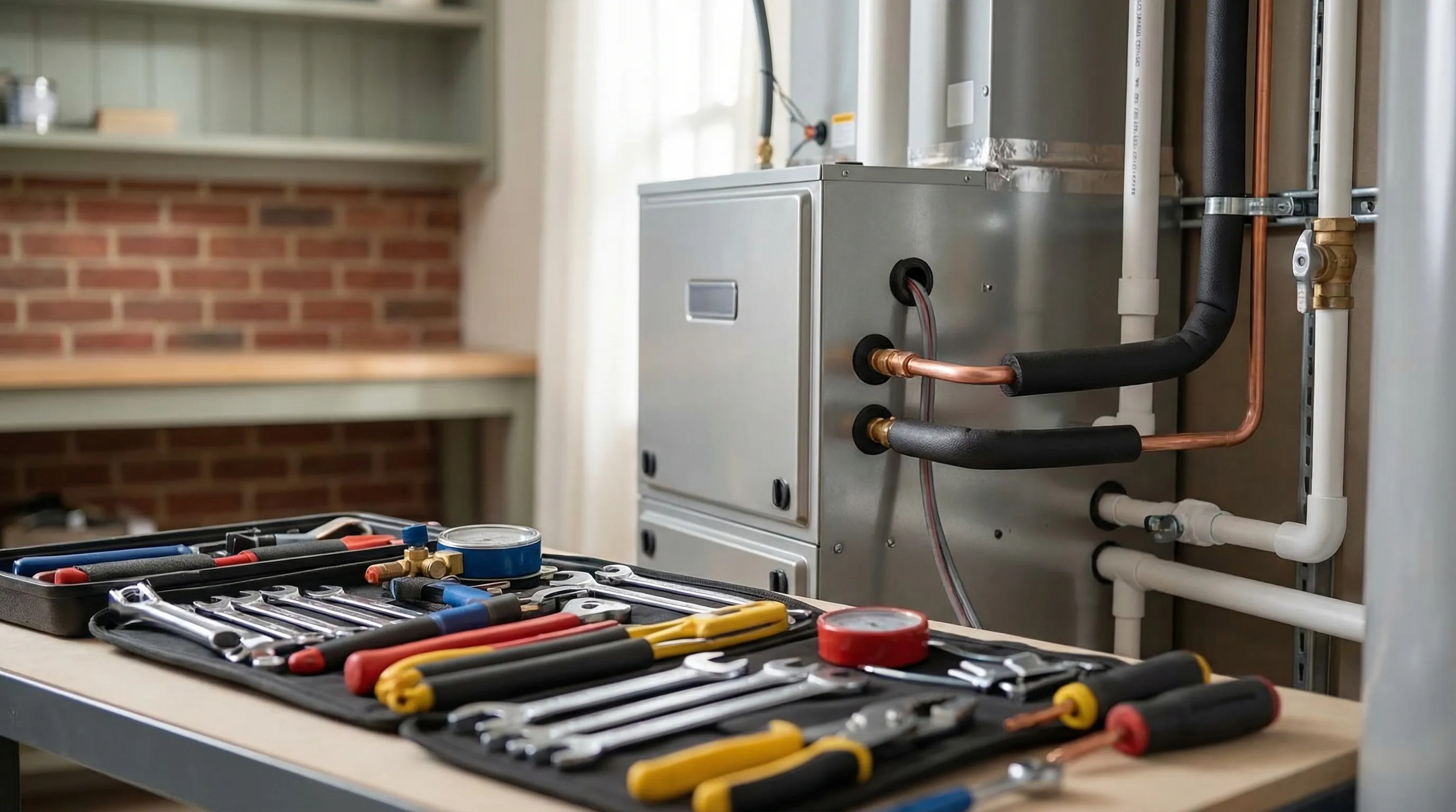 Professional HVAC contractor servicing a residential heat pump unit at a red brick home in Greensboro, NC