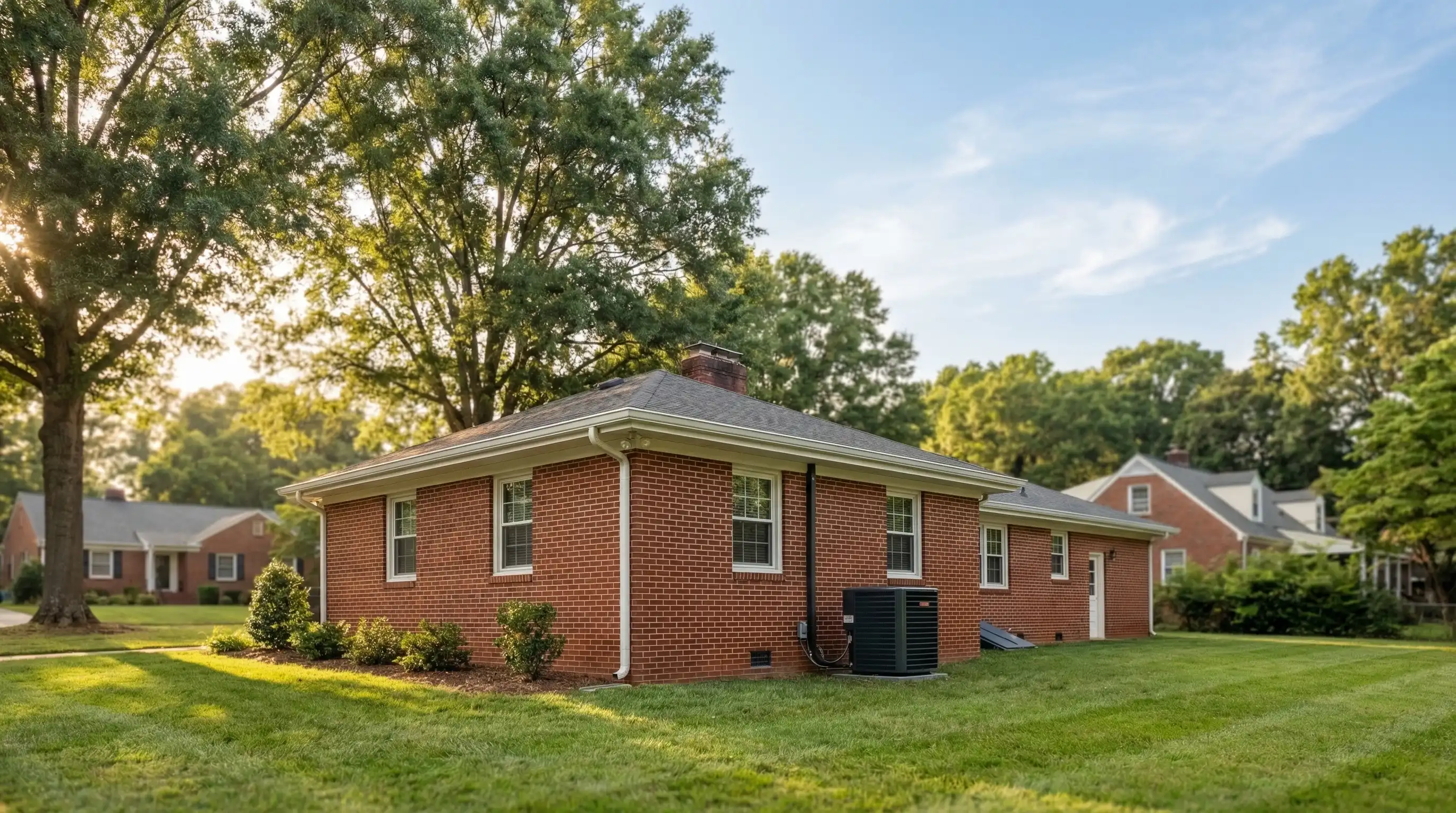 Professional HVAC contractor servicing a residential heat pump unit at a red brick home in Greensboro, NC