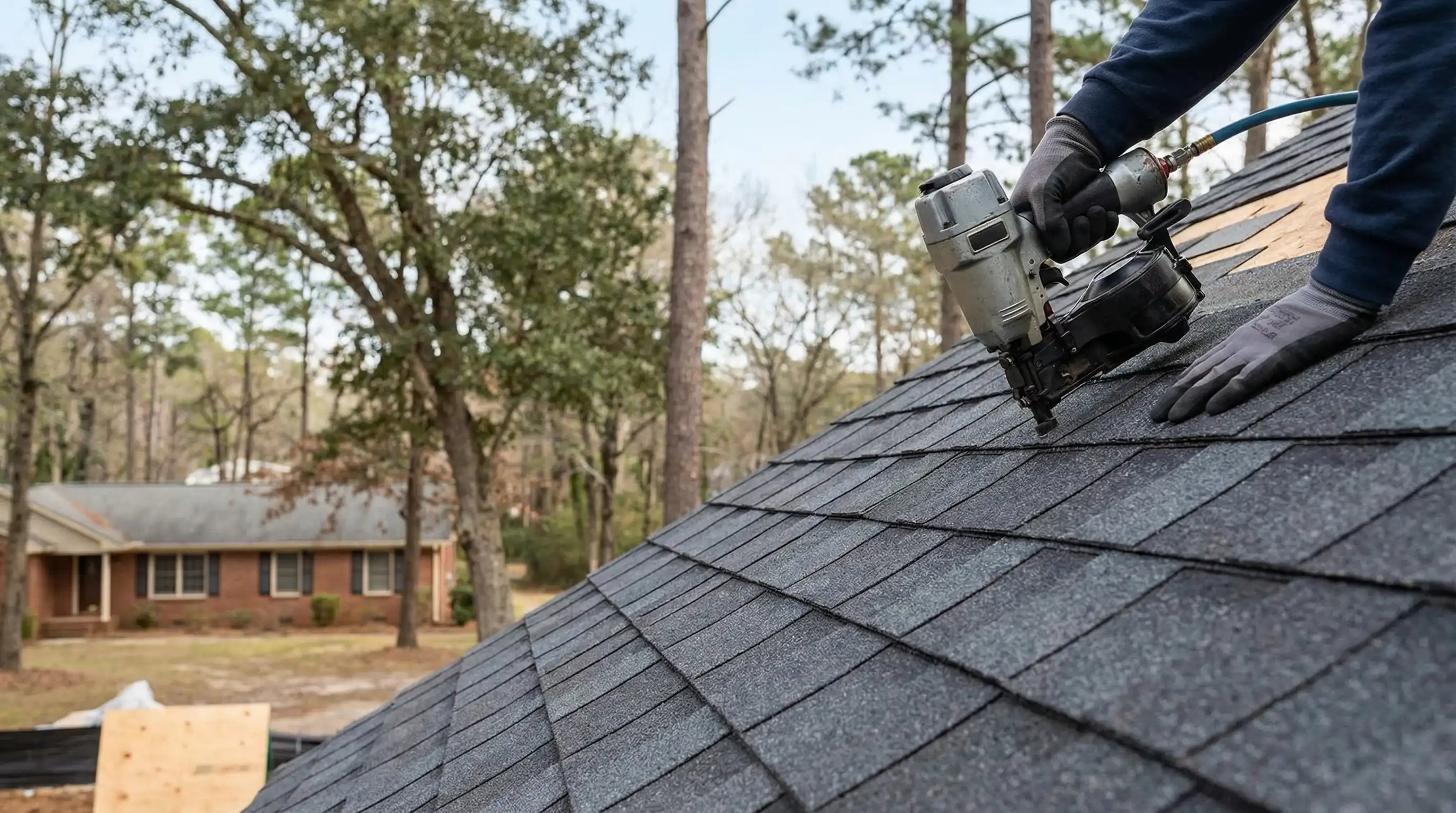 Professional roofing crew replacing architectural shingles on a colonial-style home in Greensboro, NC with Piedmont blue sky background
