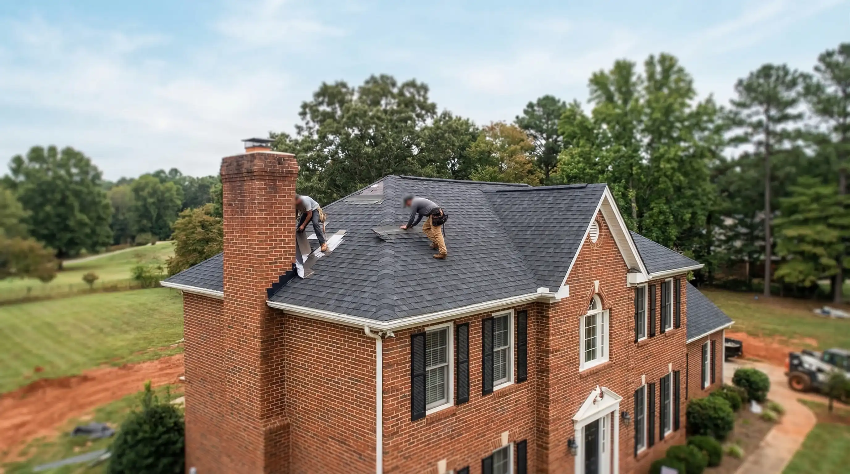 Professional roofing crew replacing architectural shingles on a colonial-style home in Greensboro, NC with Piedmont blue sky background