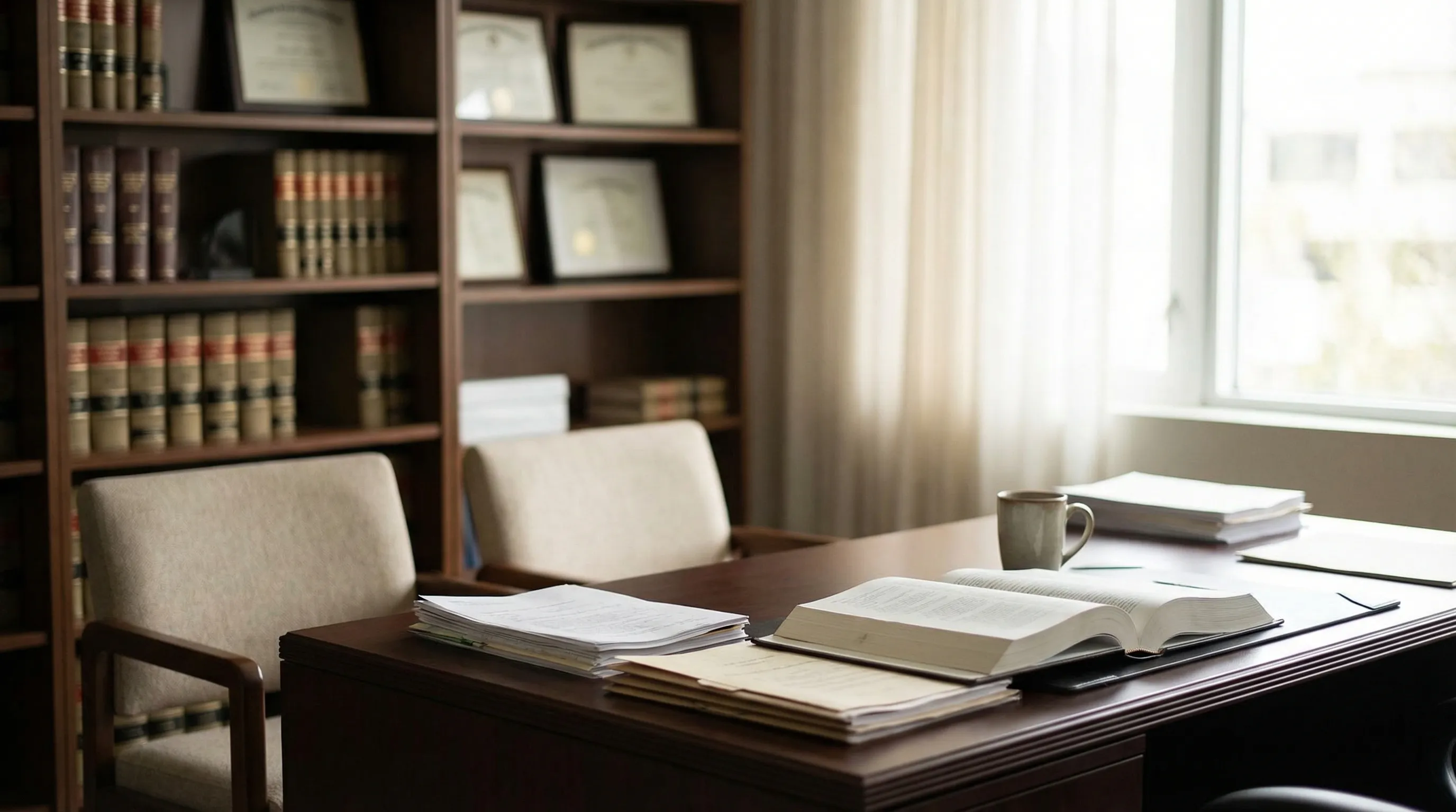 Professional attorney in consultation with a client at a law office in downtown Greensboro, NC