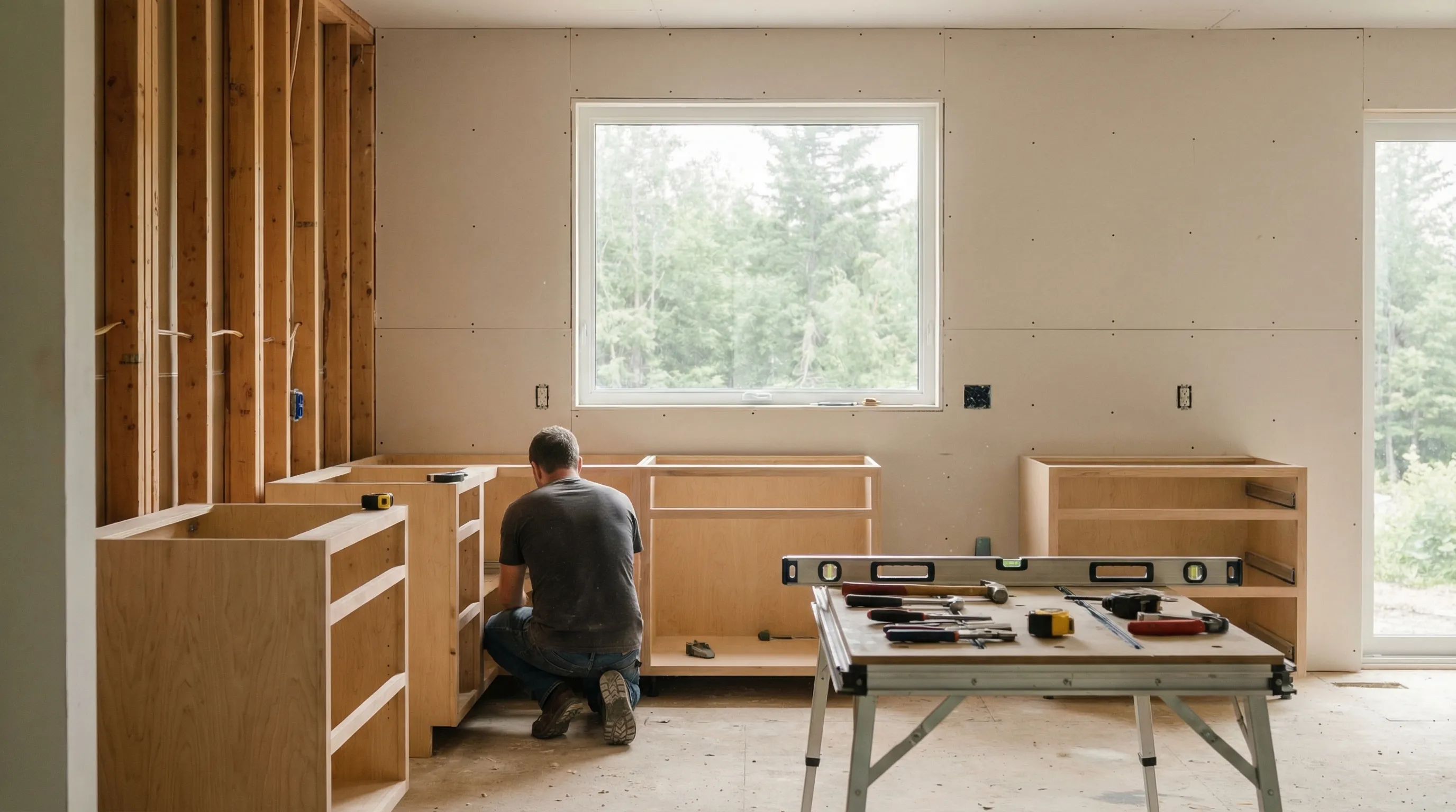 Professional contractor reviewing blueprints at a residential construction project in Greensboro, NC