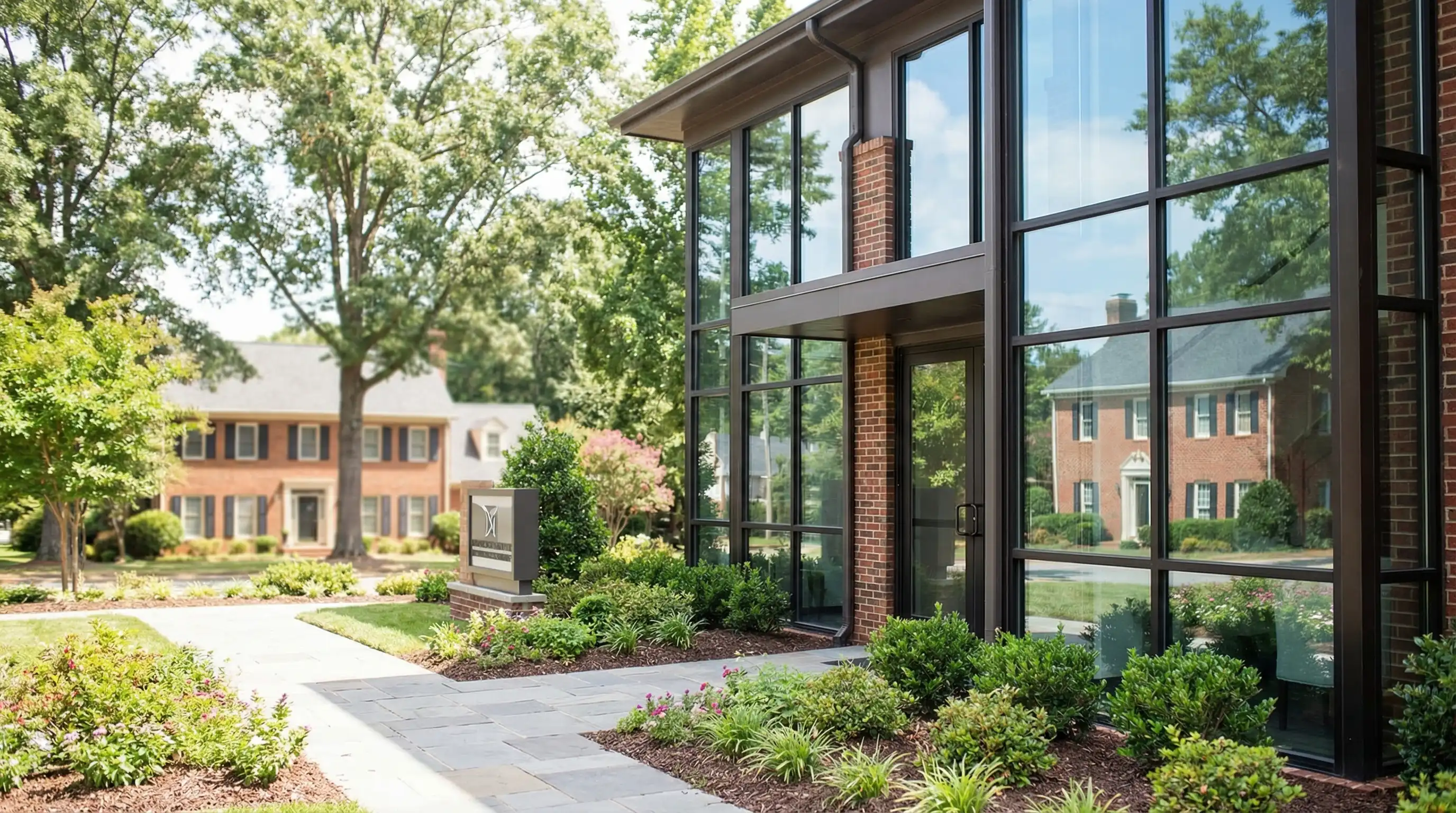 Modern dental office interior in Greensboro, NC with dentist and patient in consultation