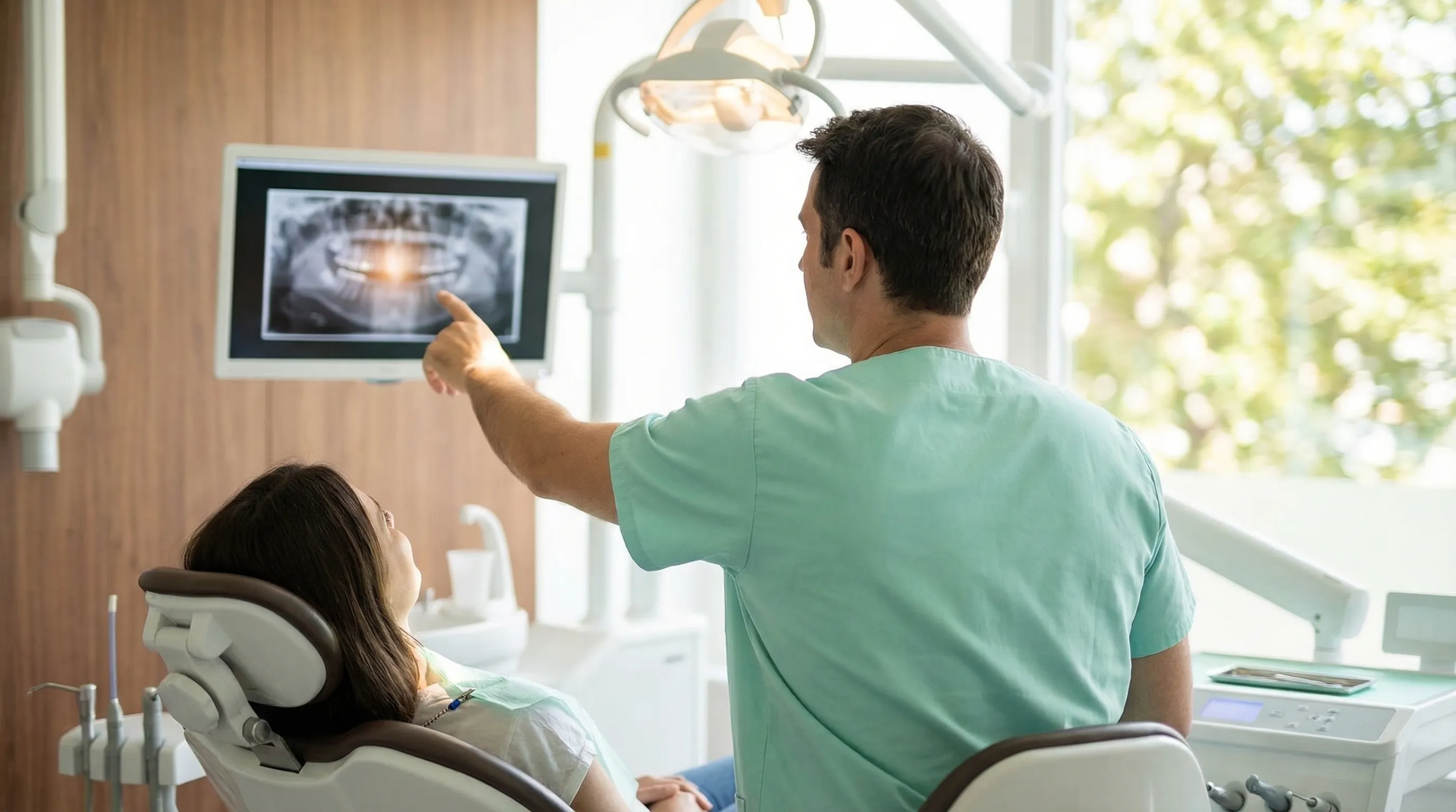 Modern dental office interior in Greensboro, NC with dentist and patient in consultation