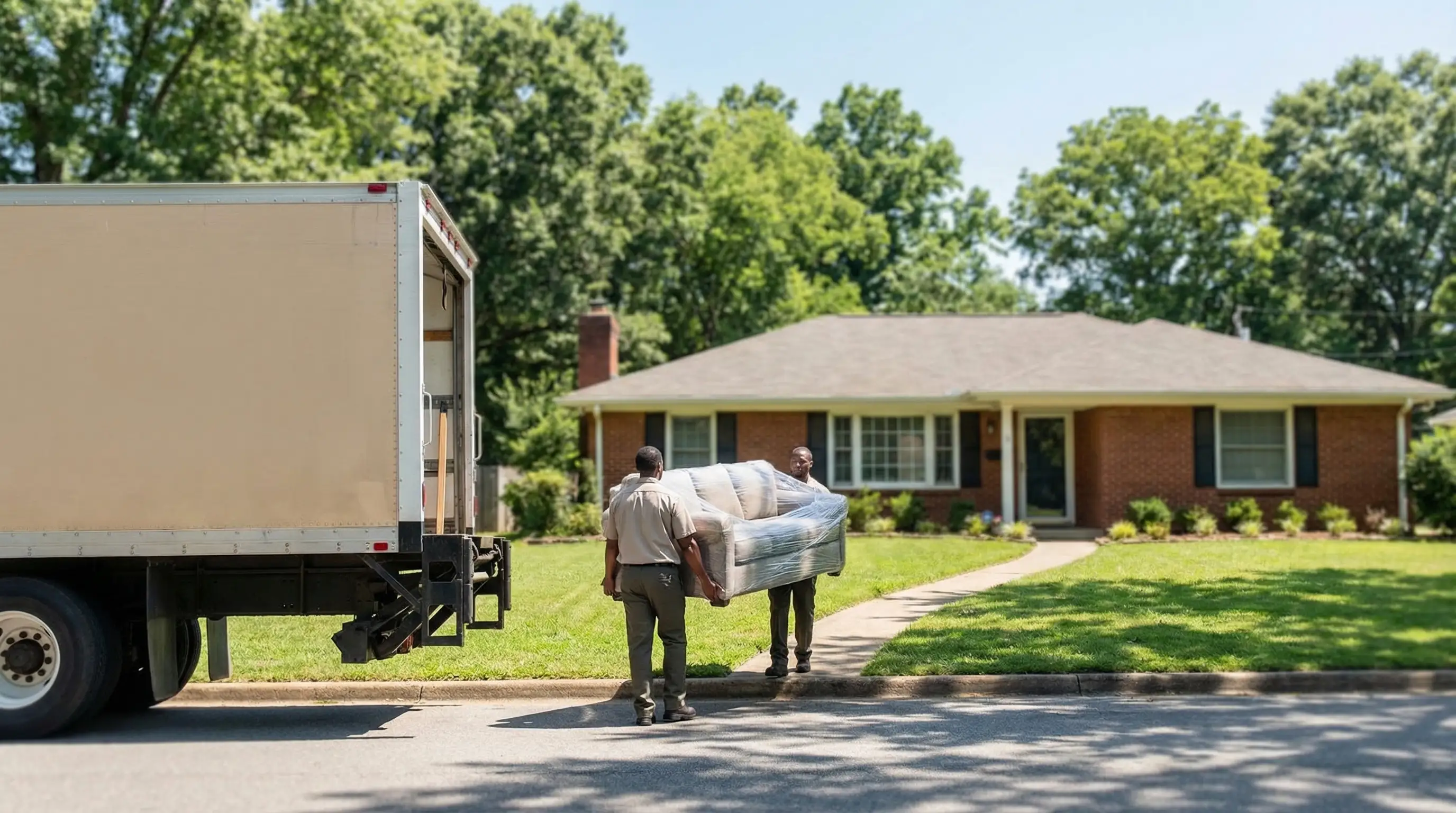 Professional moving crew loading furniture into a truck outside a Greensboro, NC residential home