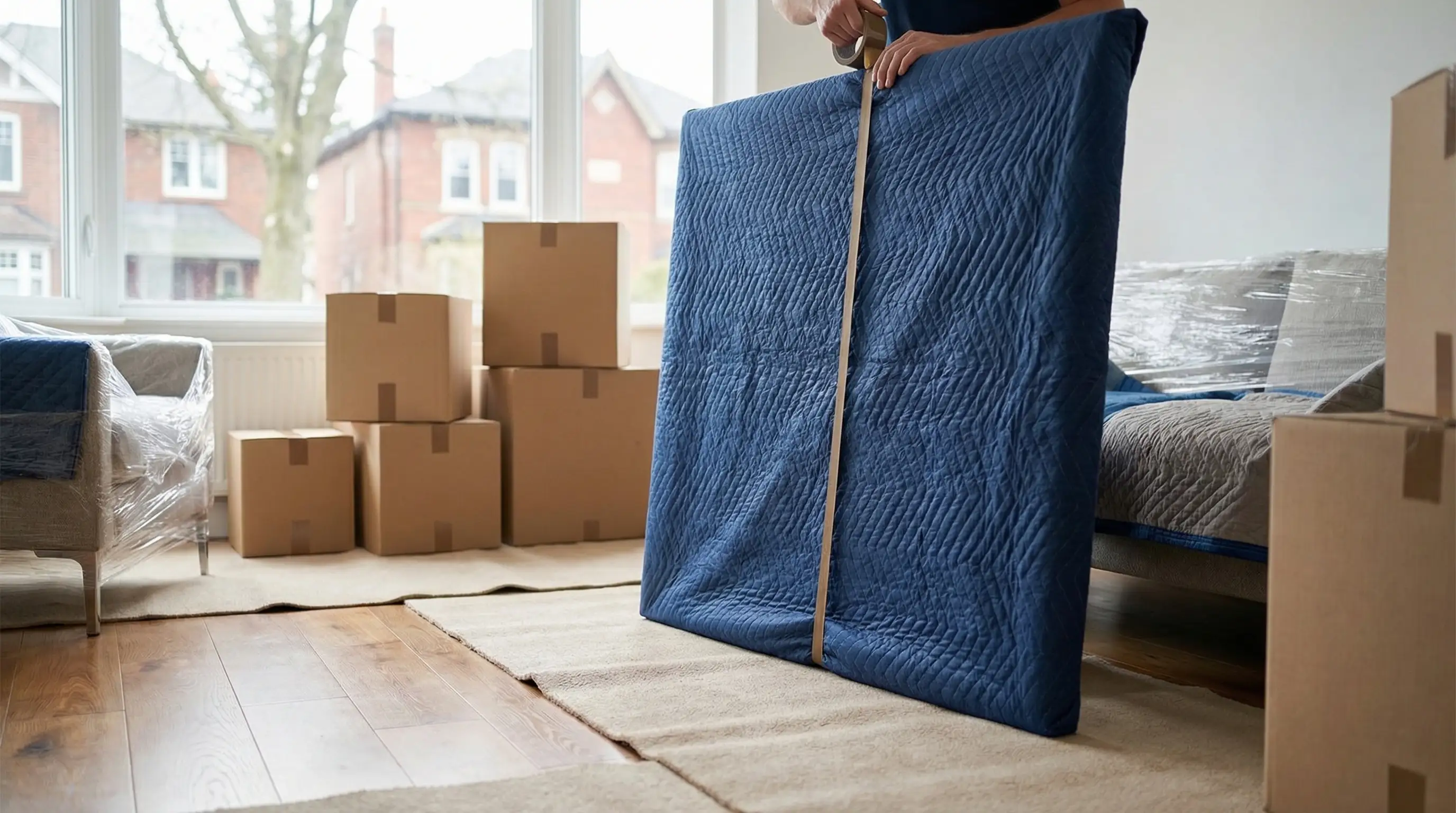 Professional moving crew loading furniture into a truck outside a Greensboro, NC residential home