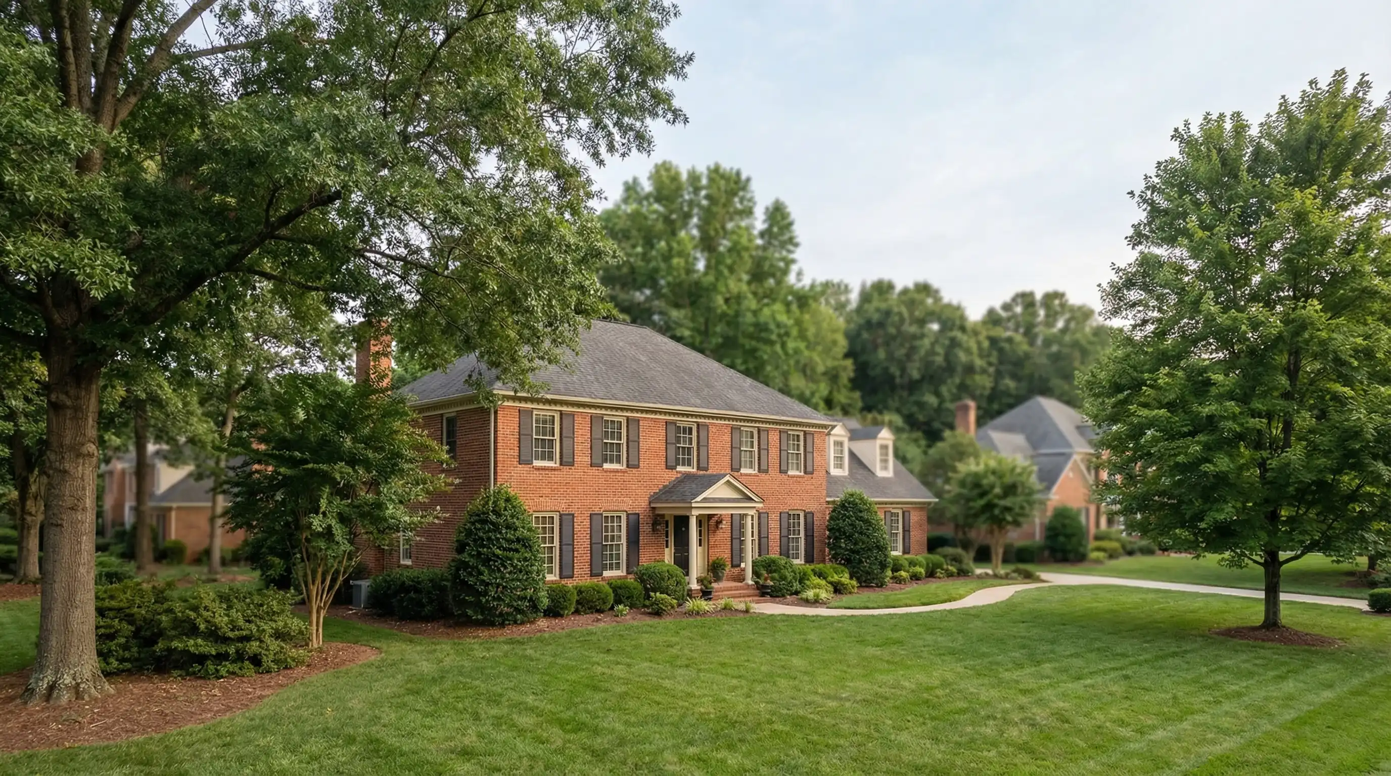 Real estate agent shaking hands with clients outside a brick colonial home for sale in Greensboro, NC