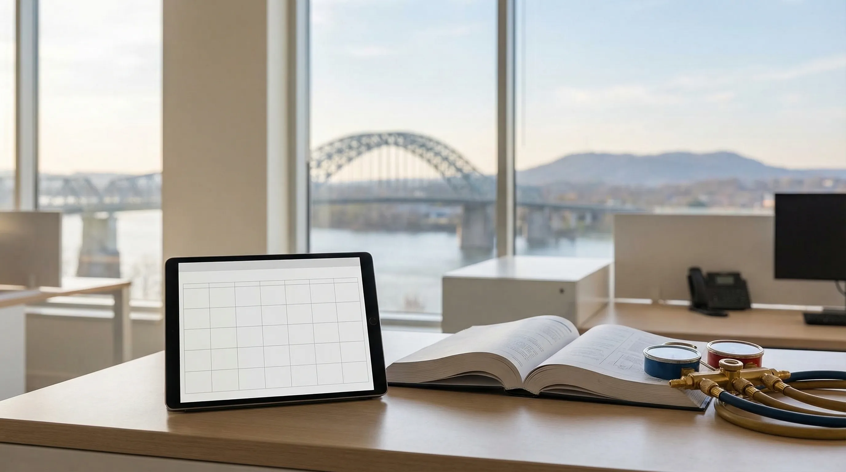 Professional HVAC technician servicing a residential air conditioning unit in a suburban Chattanooga, TN neighborhood