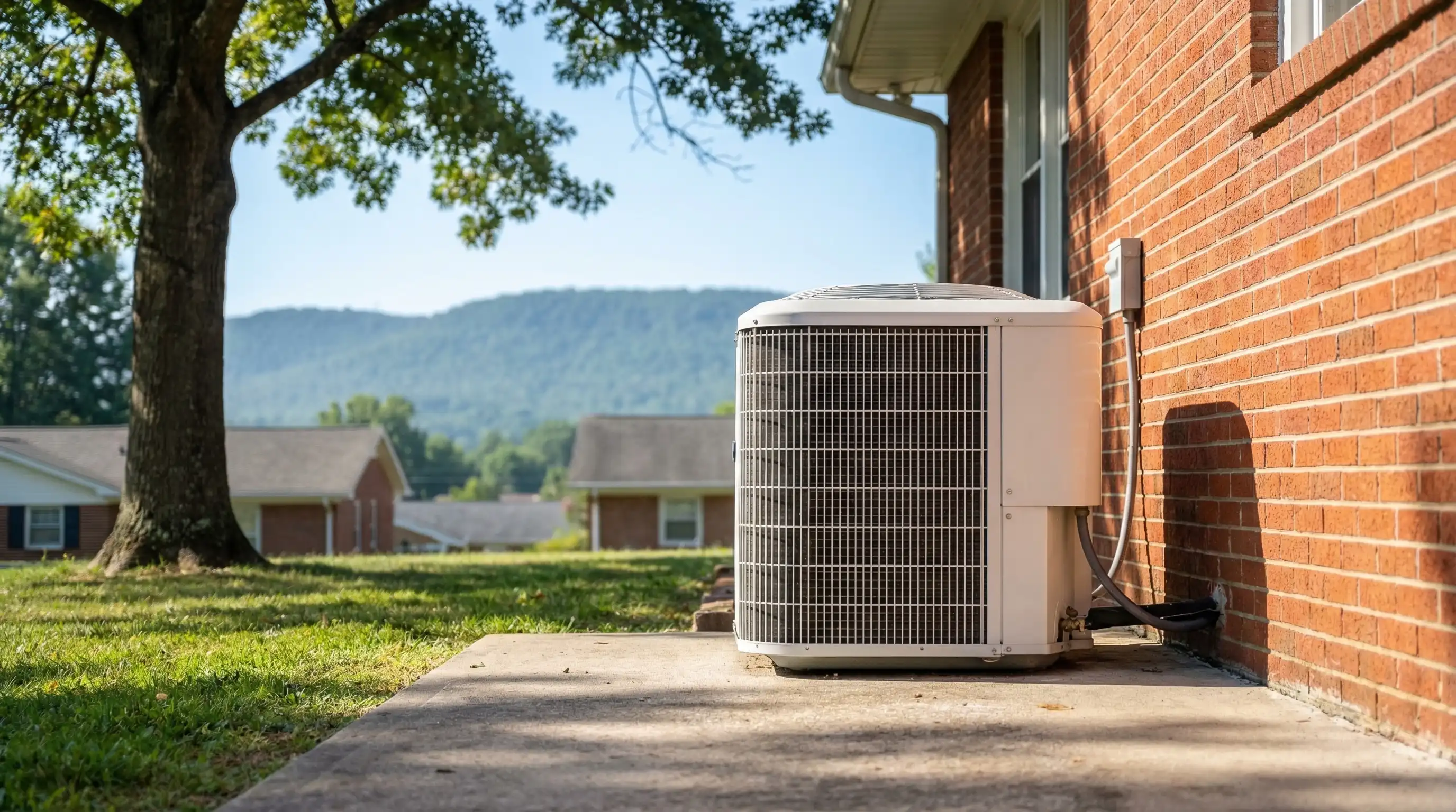Professional HVAC technician servicing a residential air conditioning unit in a suburban Chattanooga, TN neighborhood