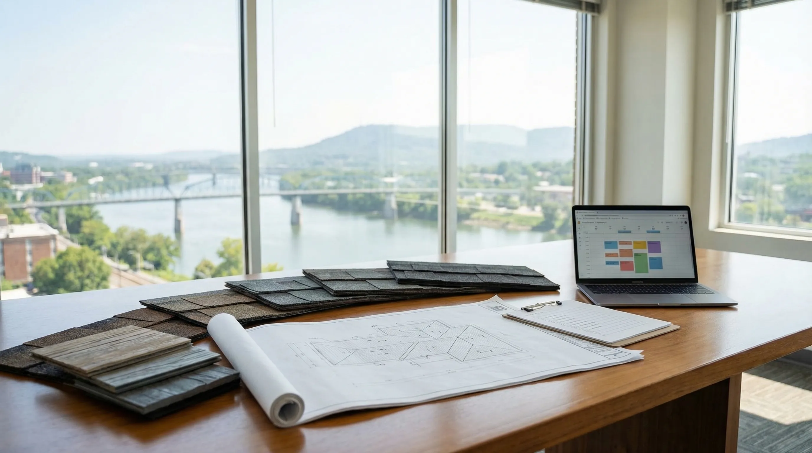 Professional roofing contractor inspecting a completed roof replacement on a suburban home in Hixson, Chattanooga, TN