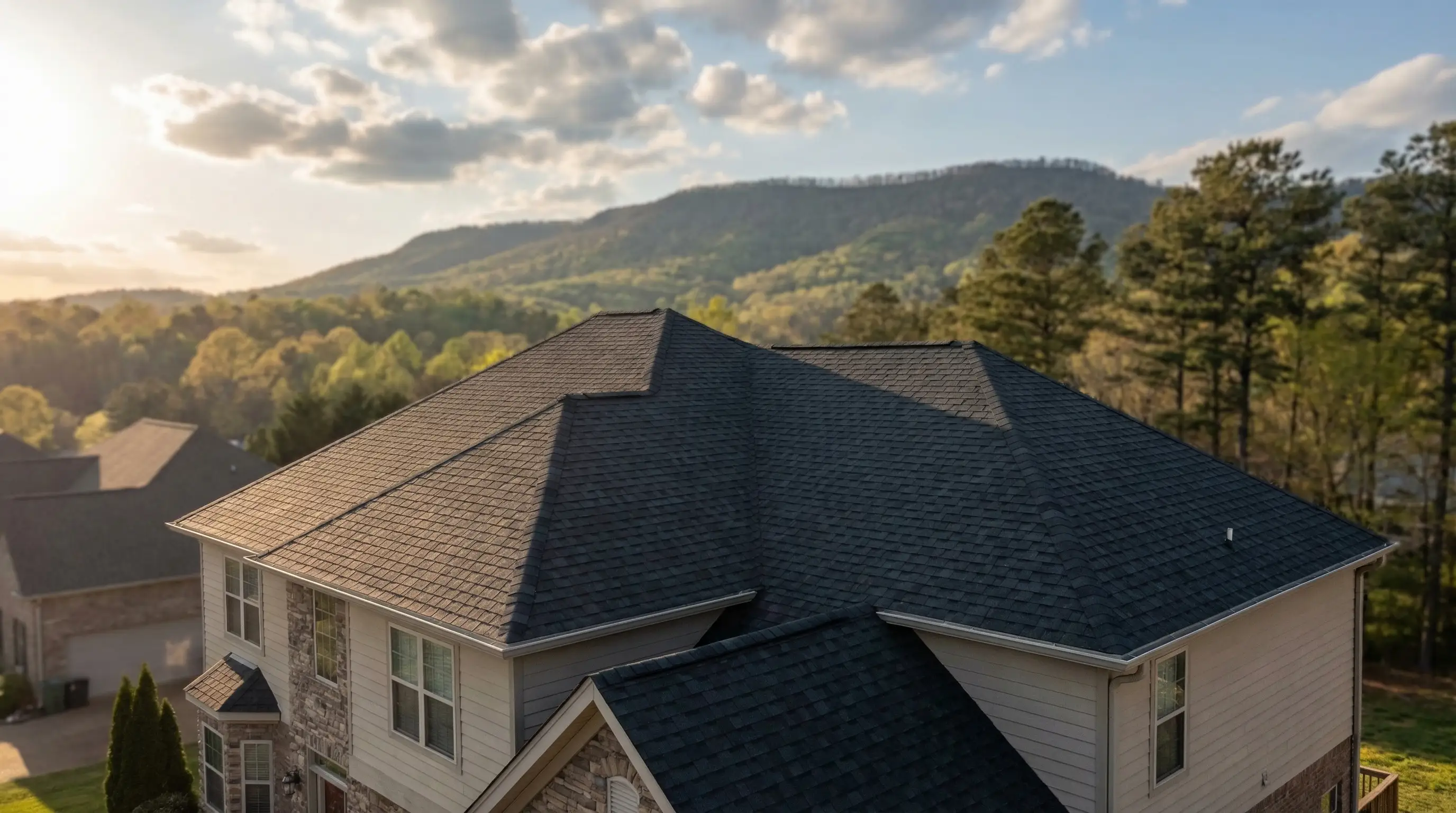 Professional roofing contractor inspecting a completed roof replacement on a suburban home in Hixson, Chattanooga, TN