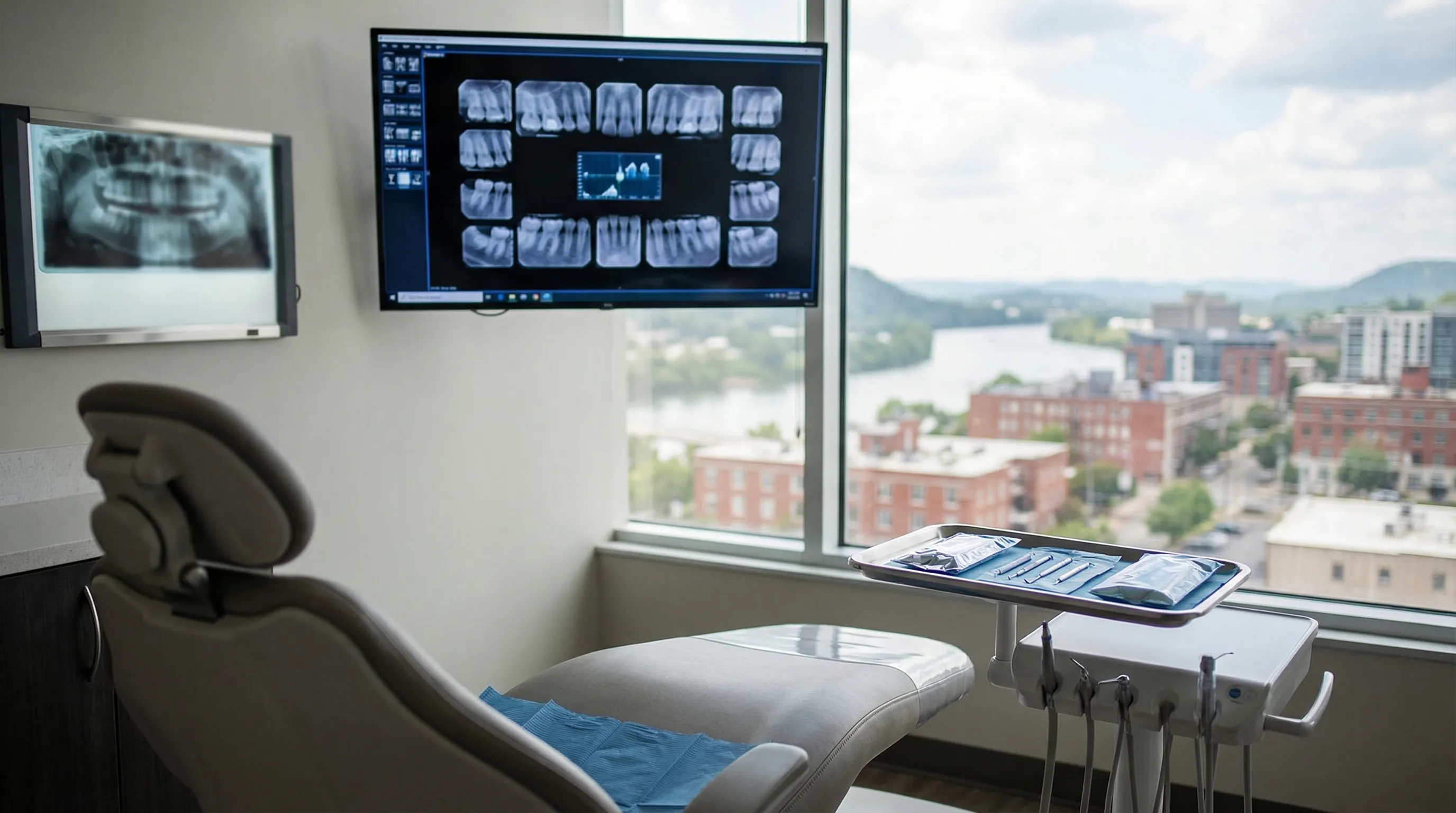 Modern dental consultation room in a Chattanooga, TN dental practice with a view of the Tennessee River