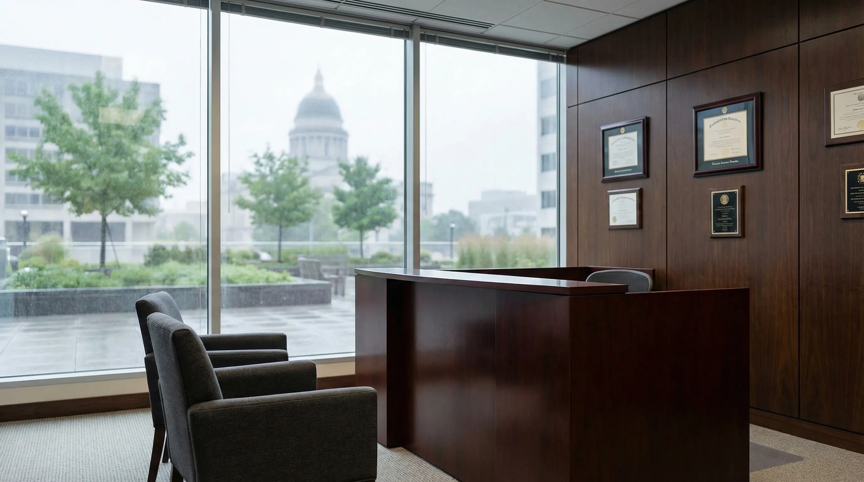 Professional attorney consultation in a Chattanooga, TN law office with a view of the downtown riverfront and Hamilton County Courthouse
