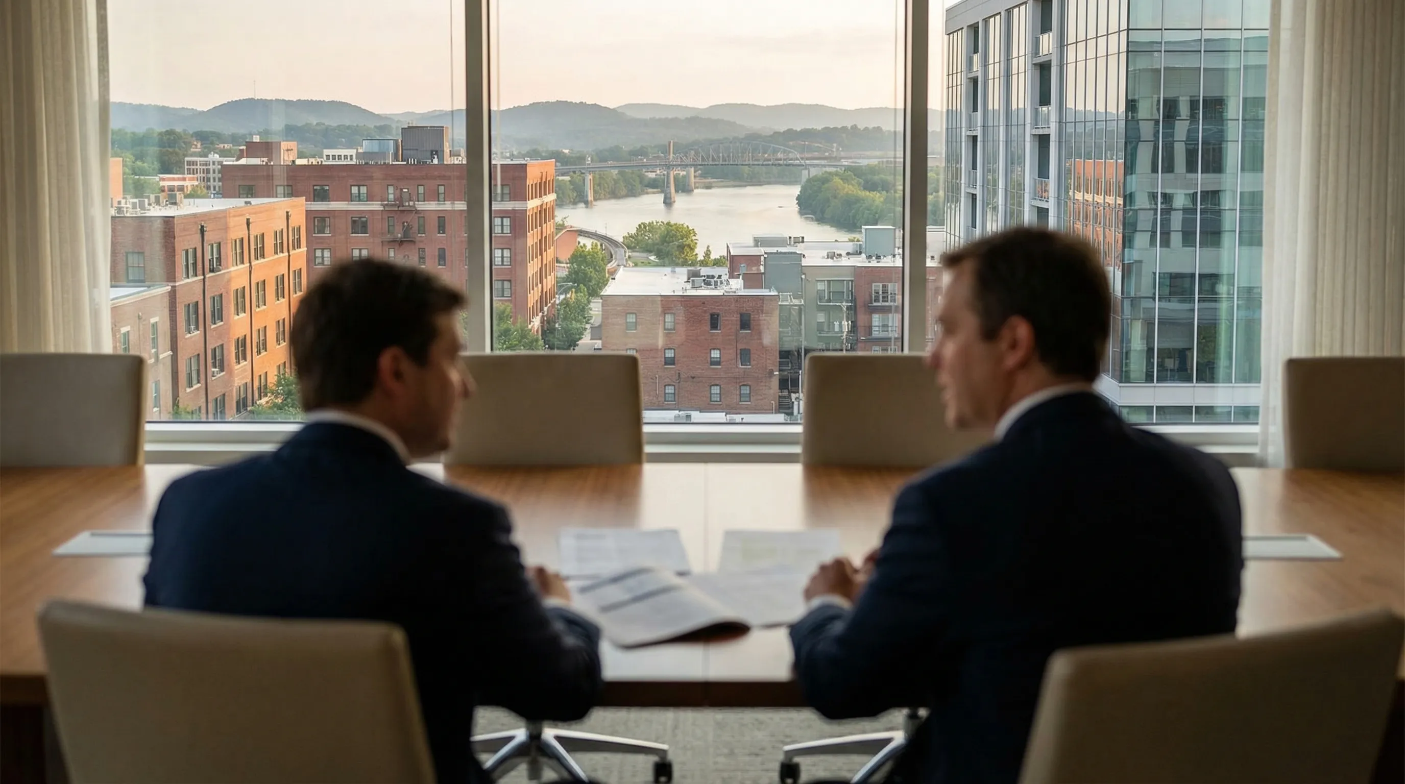 Professional attorney consultation in a Chattanooga, TN law office with a view of the downtown riverfront and Hamilton County Courthouse