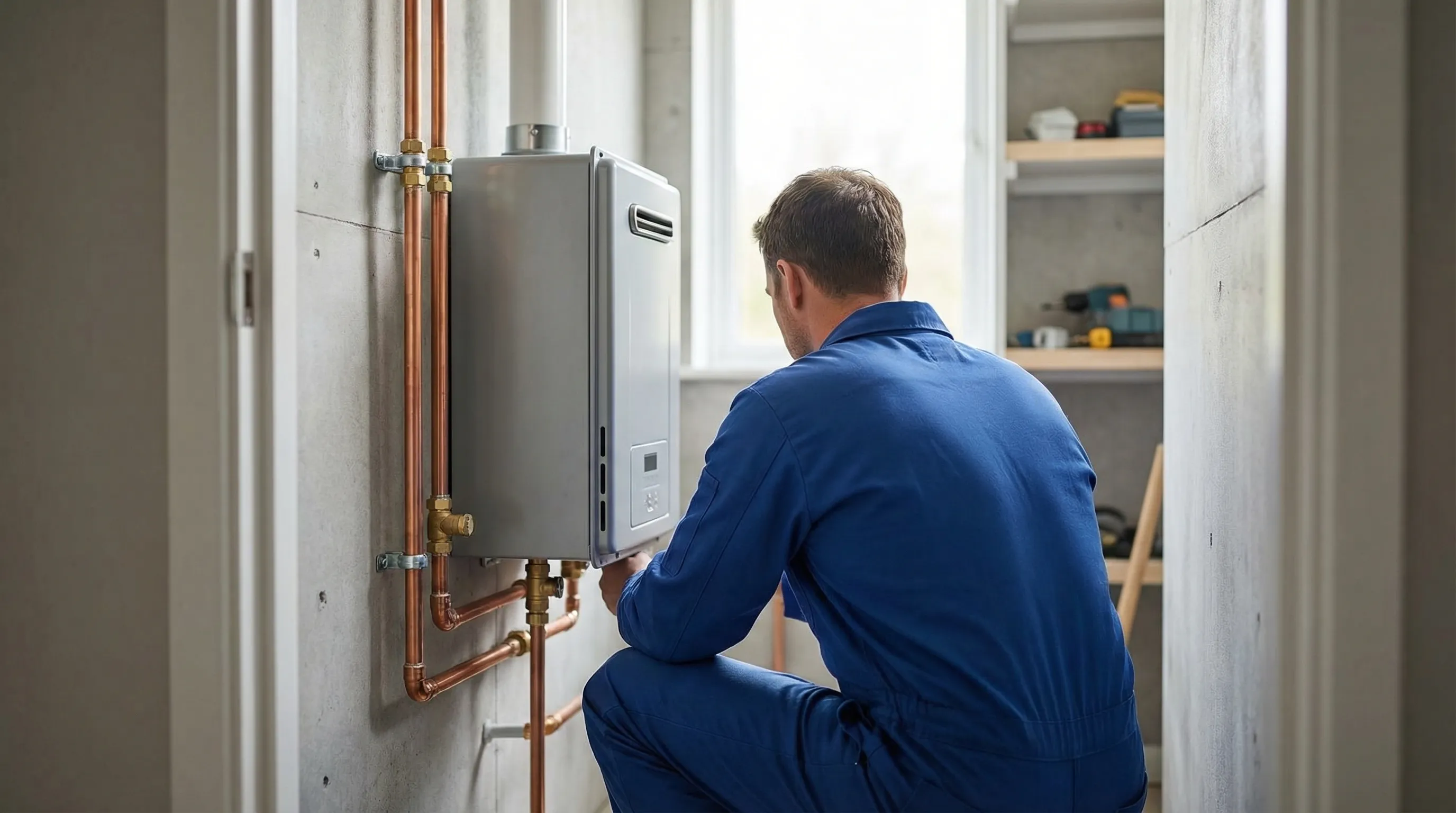 Professional plumber in uniform installing a tankless water heater in a Chattanooga, TN home utility room with copper pipe fittings and clean wall-mounted setup